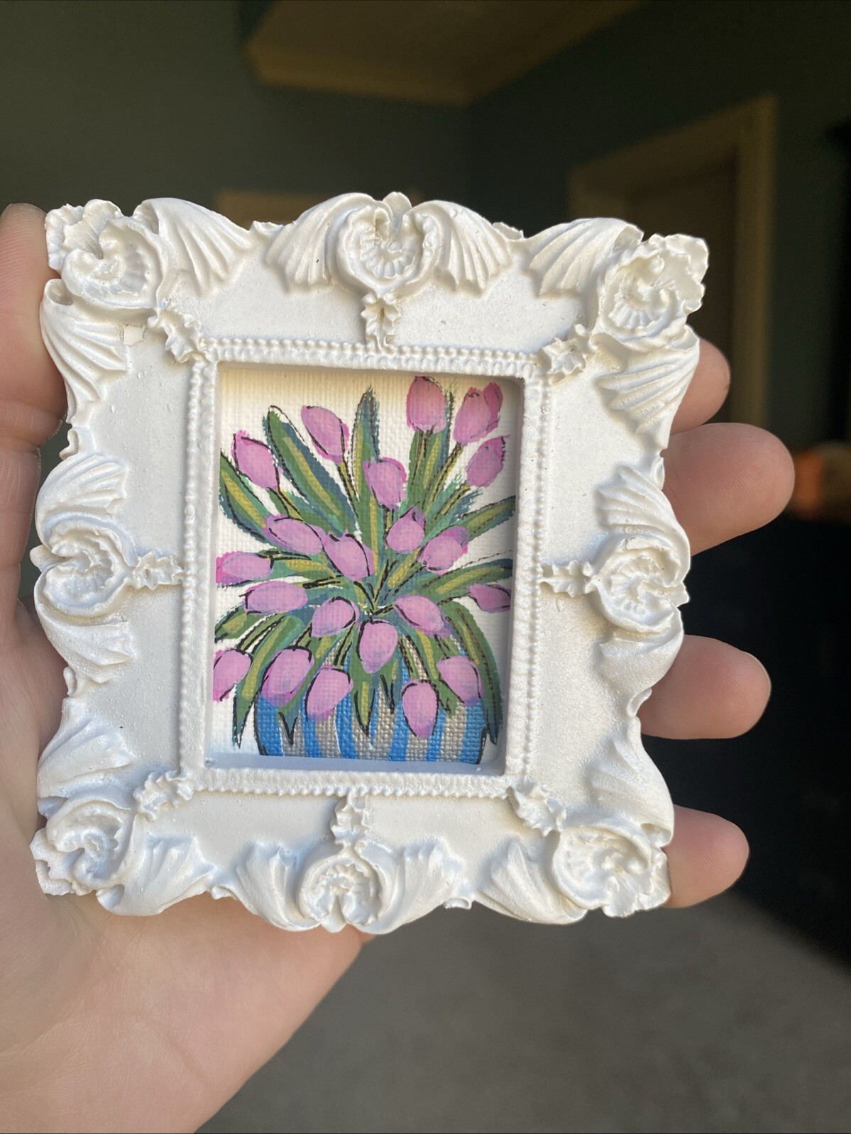 Flowers,tulips,Original Painting On Paper,3/3,5 framed,miniature,small,mini