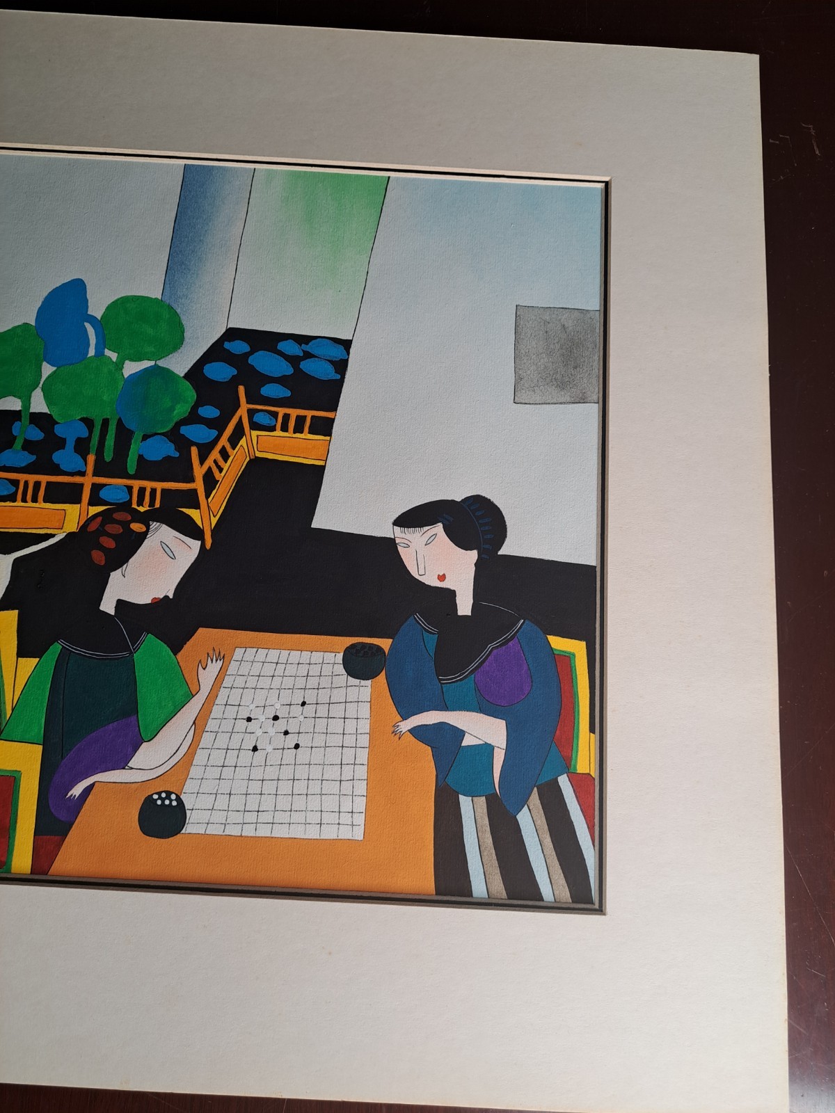 VTG Chinese Art Modernist Expressionism Vintage Portrait Cat Asian Ladies Orient