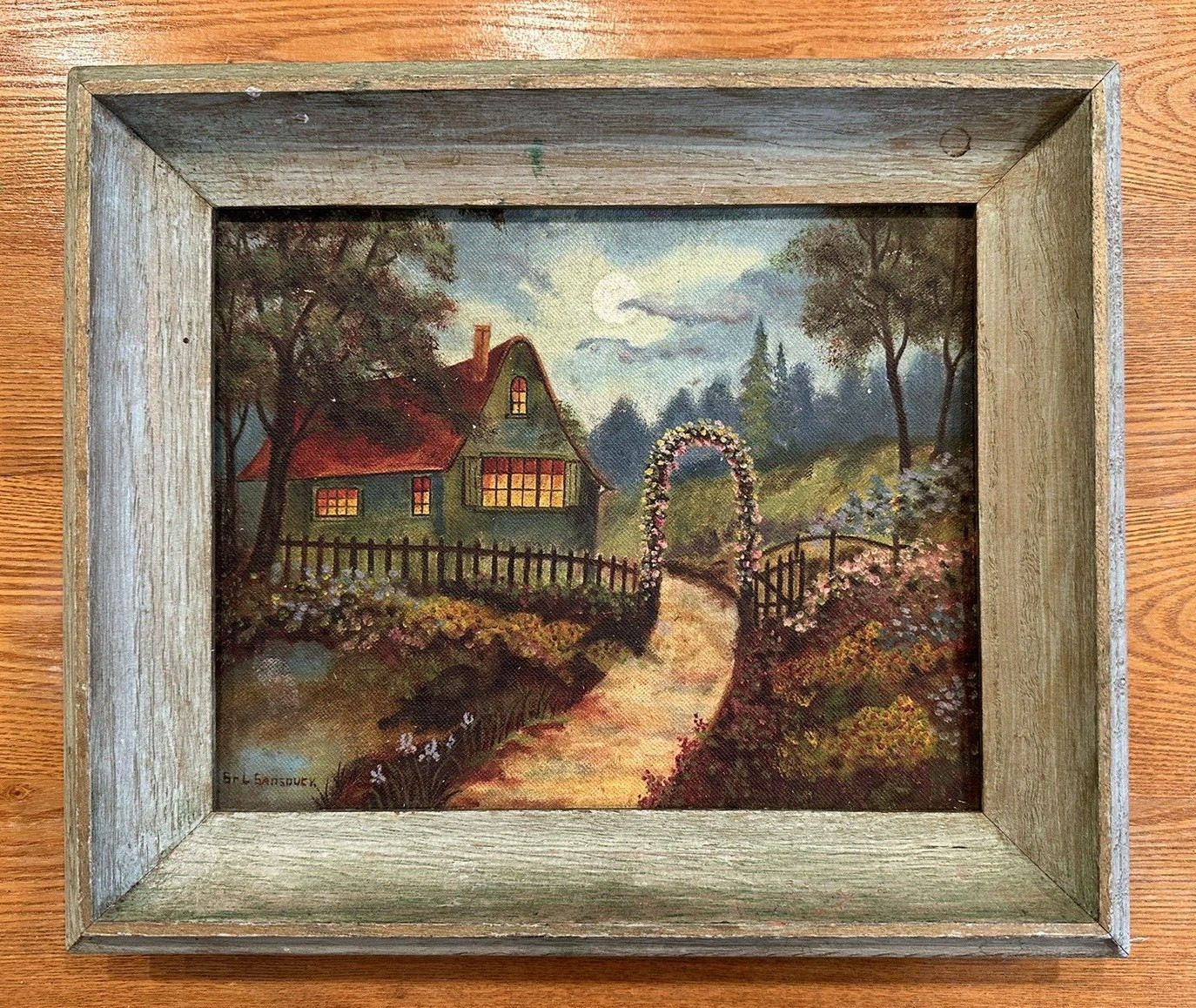 Vtg Atq Oil Painting Impressionism English Cottage Luminist Garden Framed Signed