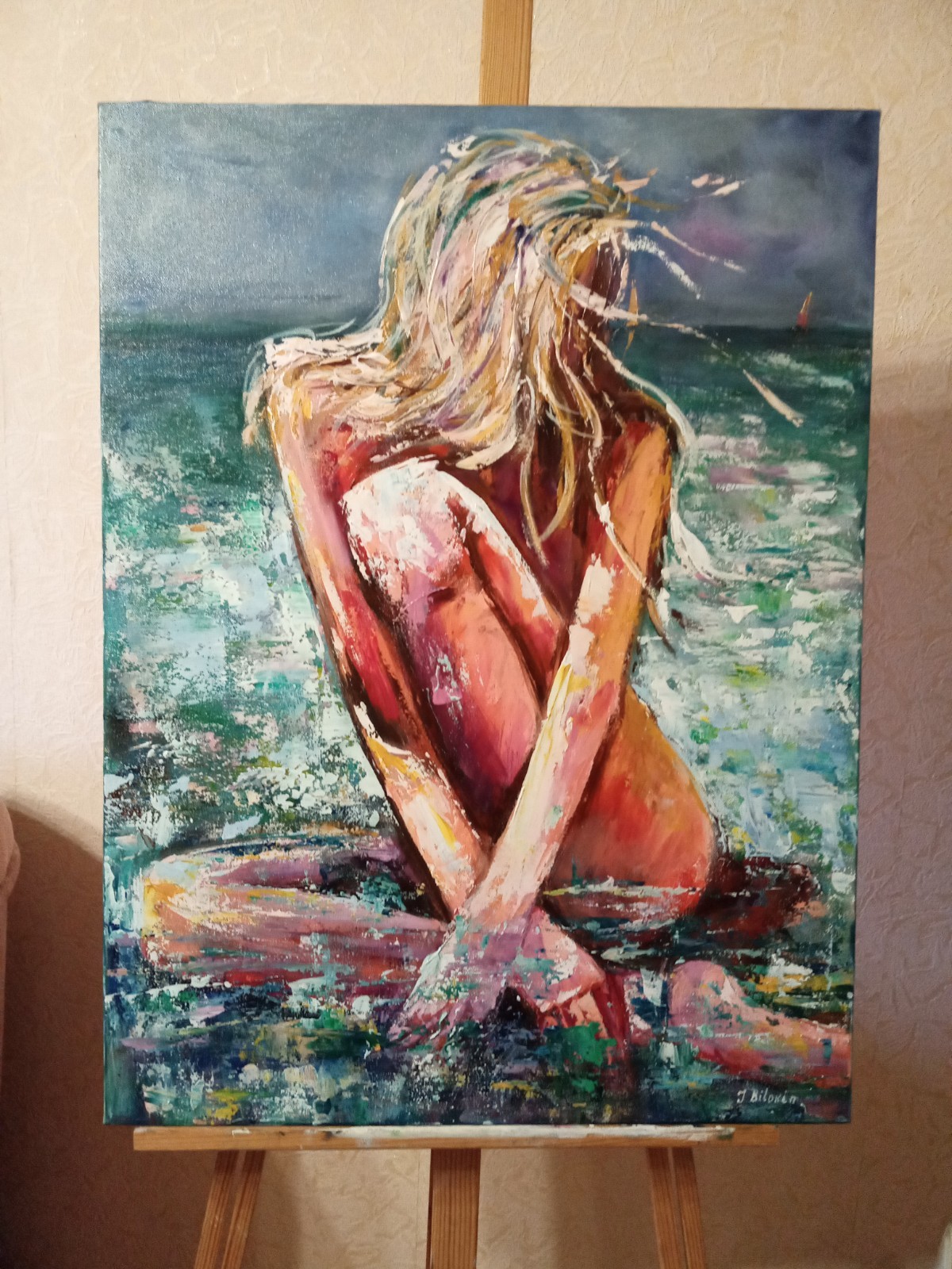 Female figure by ocean Beach scene Original textured painting 24×32