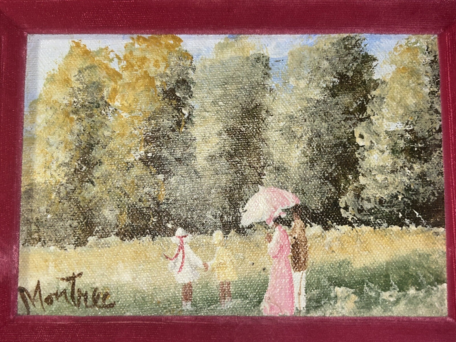 Original Vintage Oil Painting 5”x7” Canvas People in a Garden E. Jones Montrec