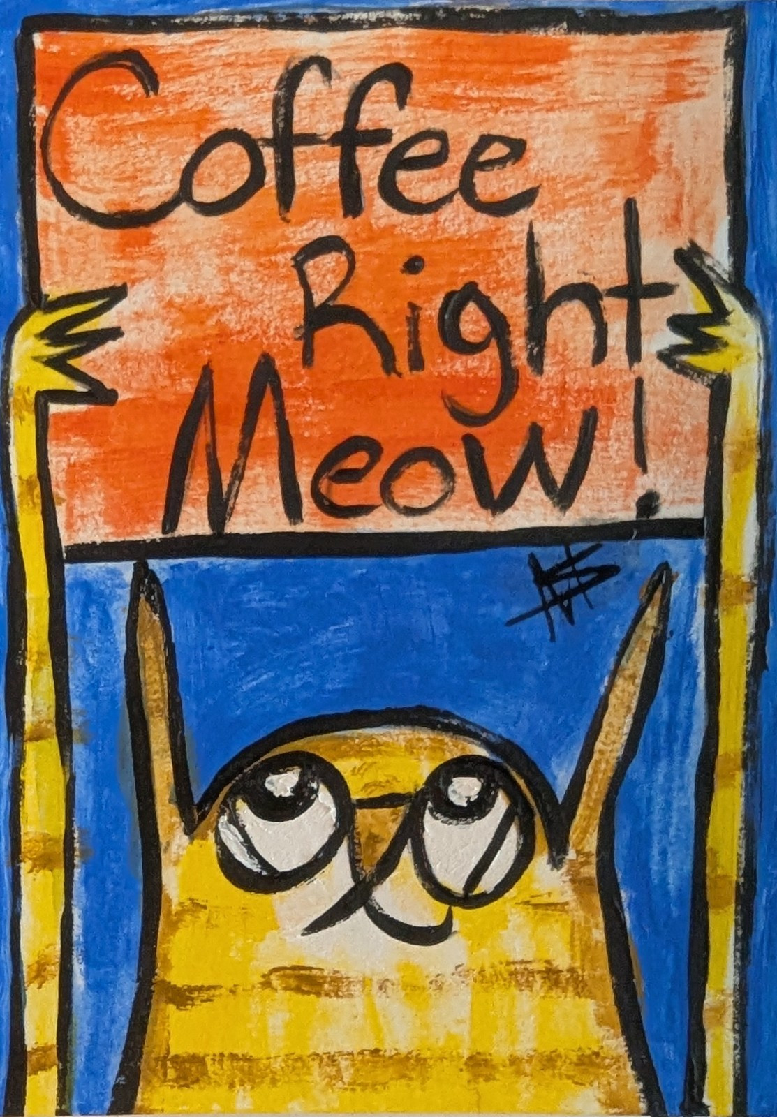 ACEO Cat Painting Original Collectible Funny Coffee Folk Art By Samantha McLean