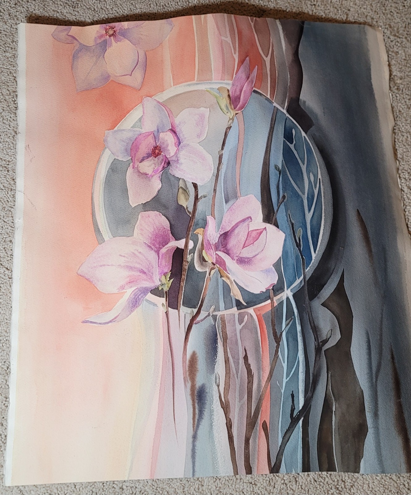 Large Original Watercolor Floral Painting Pink Magnolia Modern Botanical Art