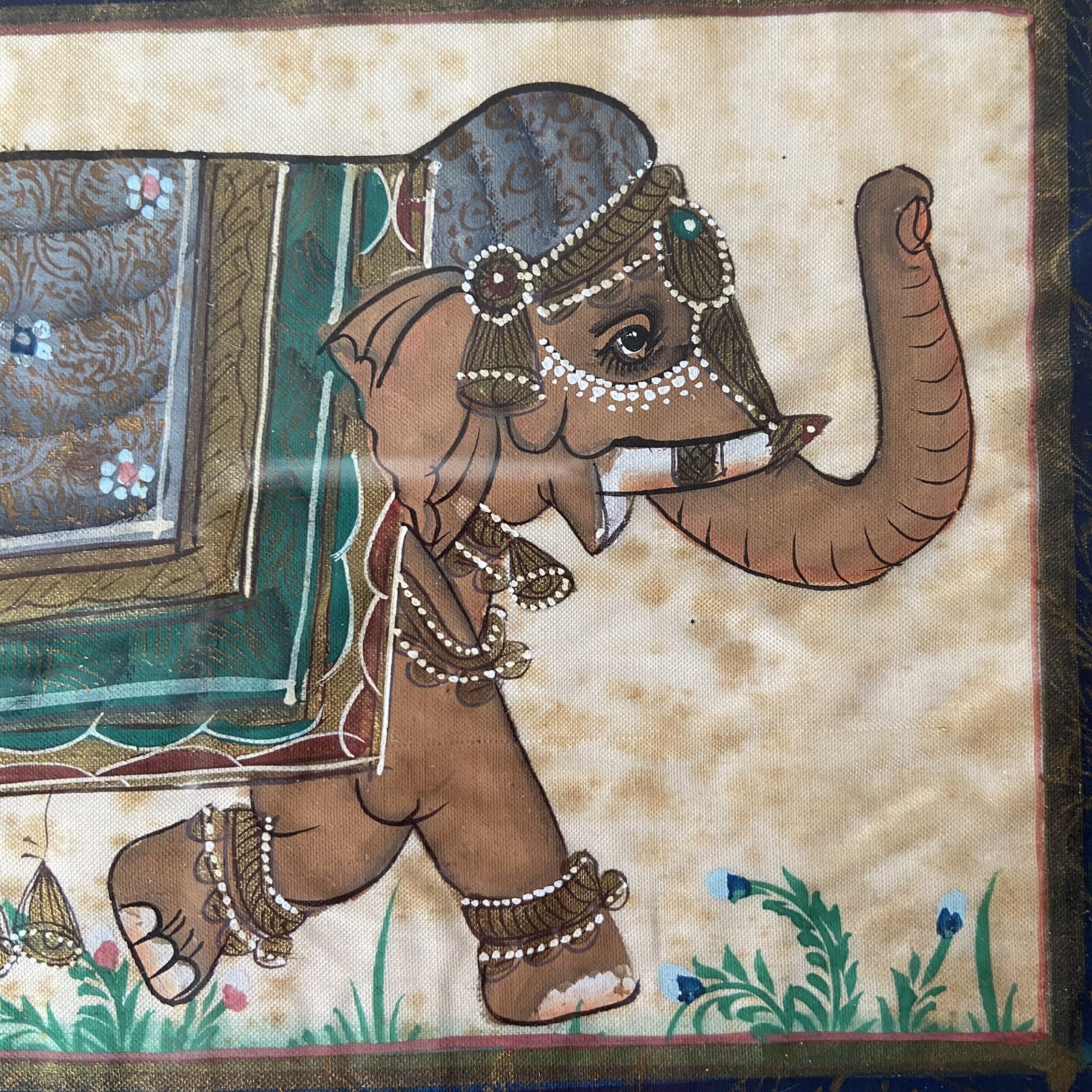 Vintage India Elephant Trunk Up Original Silk Painting on Fabric Hand Painted