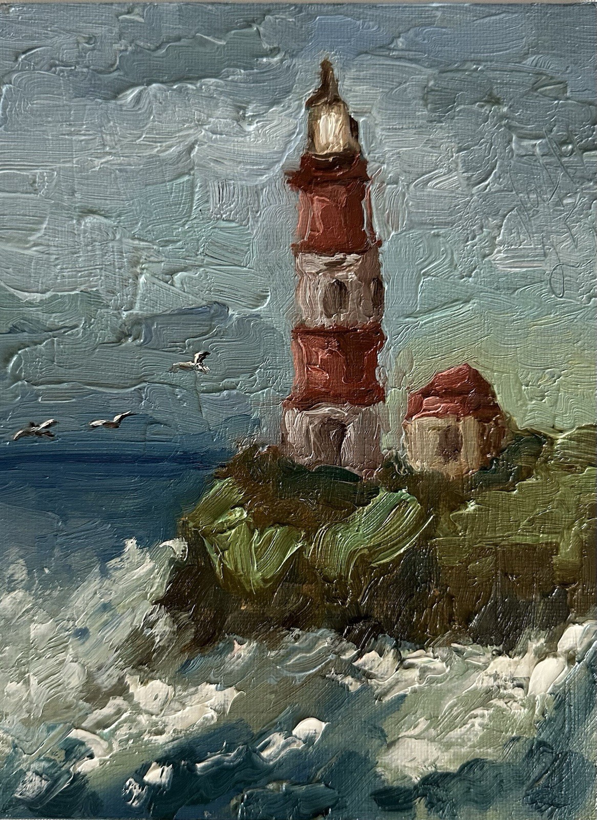 Lighthouse Seascape Oil Original Impressionist Painting Ocean Waves Coastal