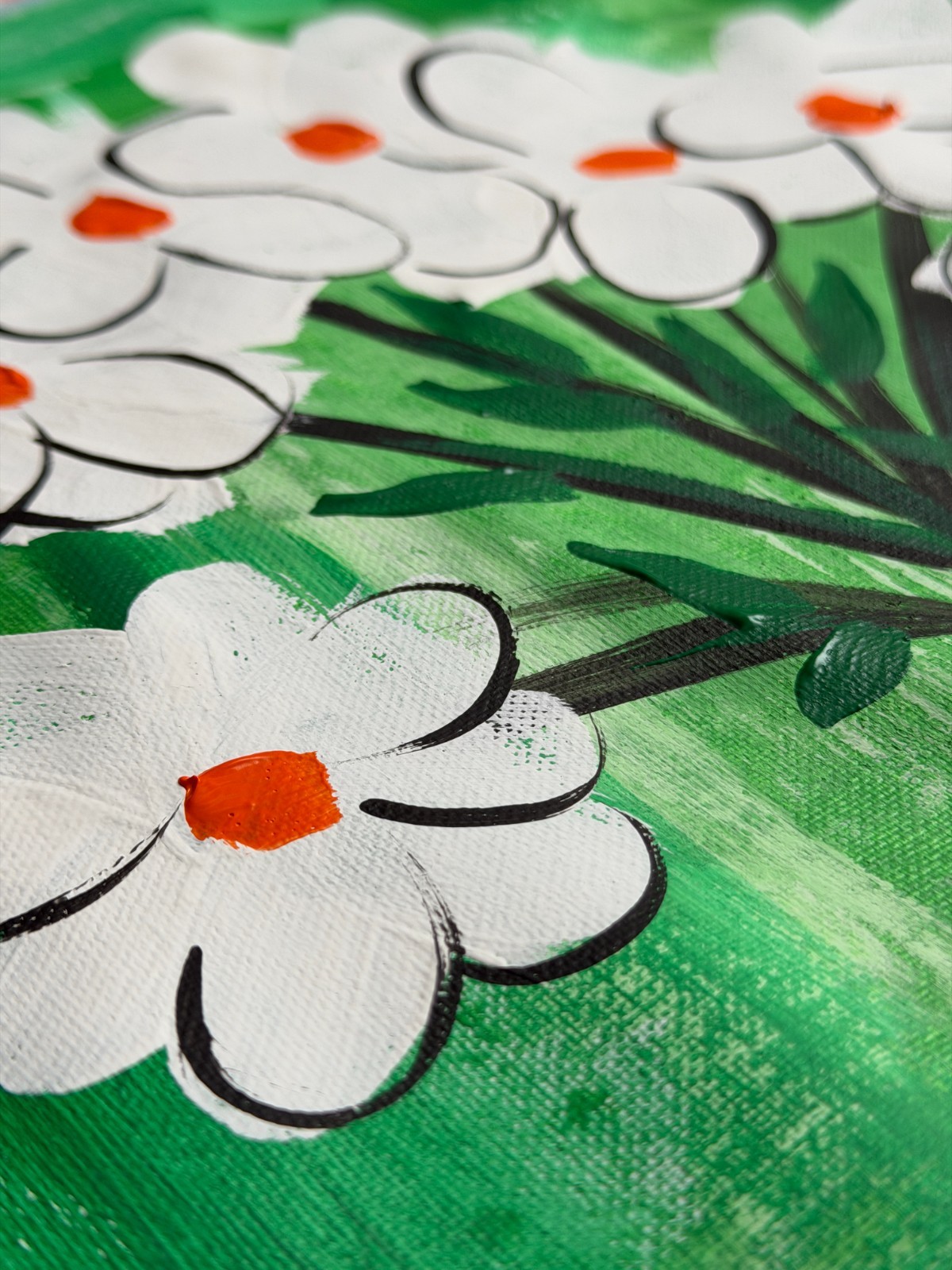 Original «White & Green Flowers – Set 2″ – Acrylic Painting 16×12» Canvas Paper