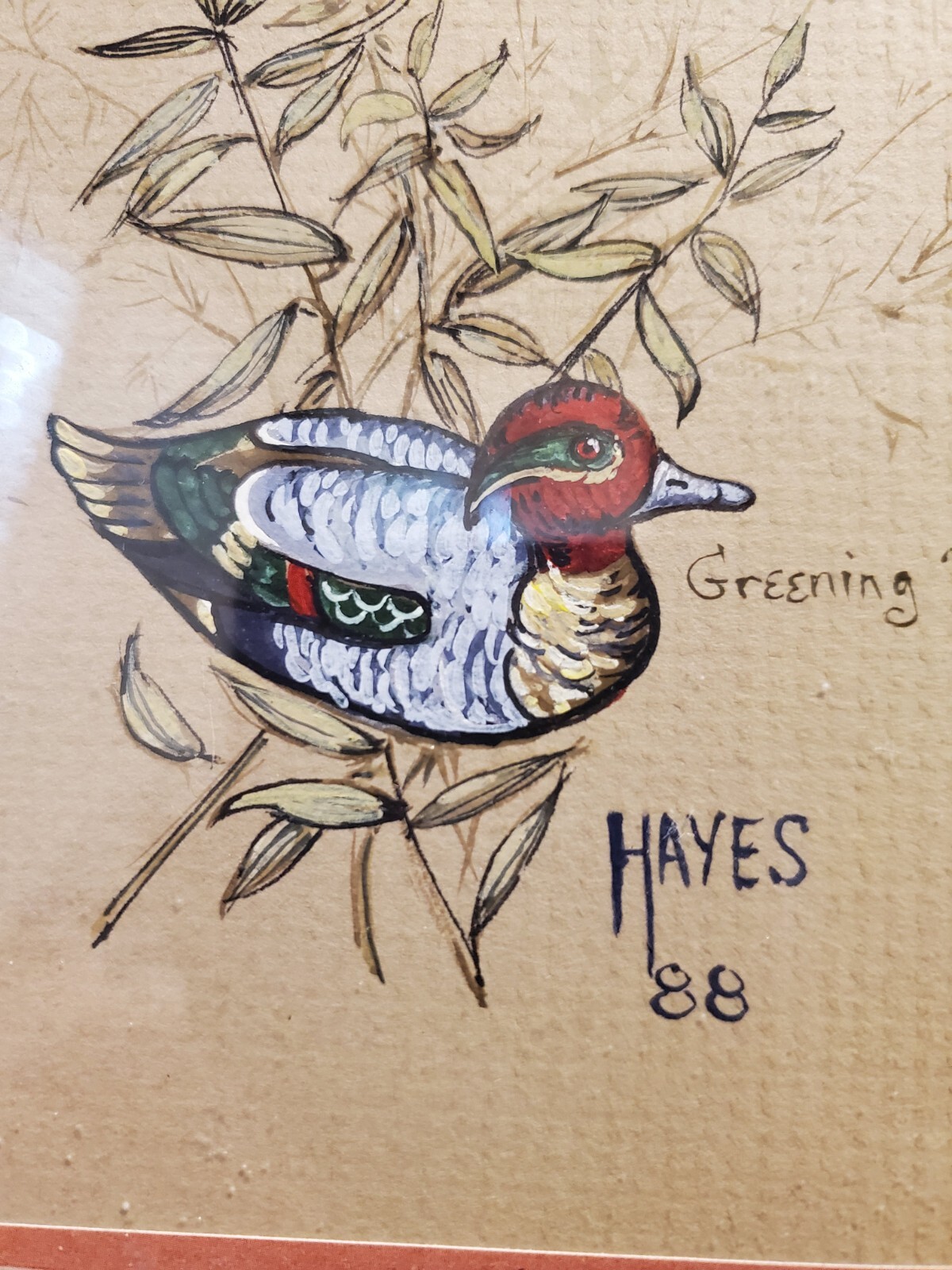 Vintage 1988 Bird Duck Fowl Green-winged Teal Painting R. Hayes 11″x9″