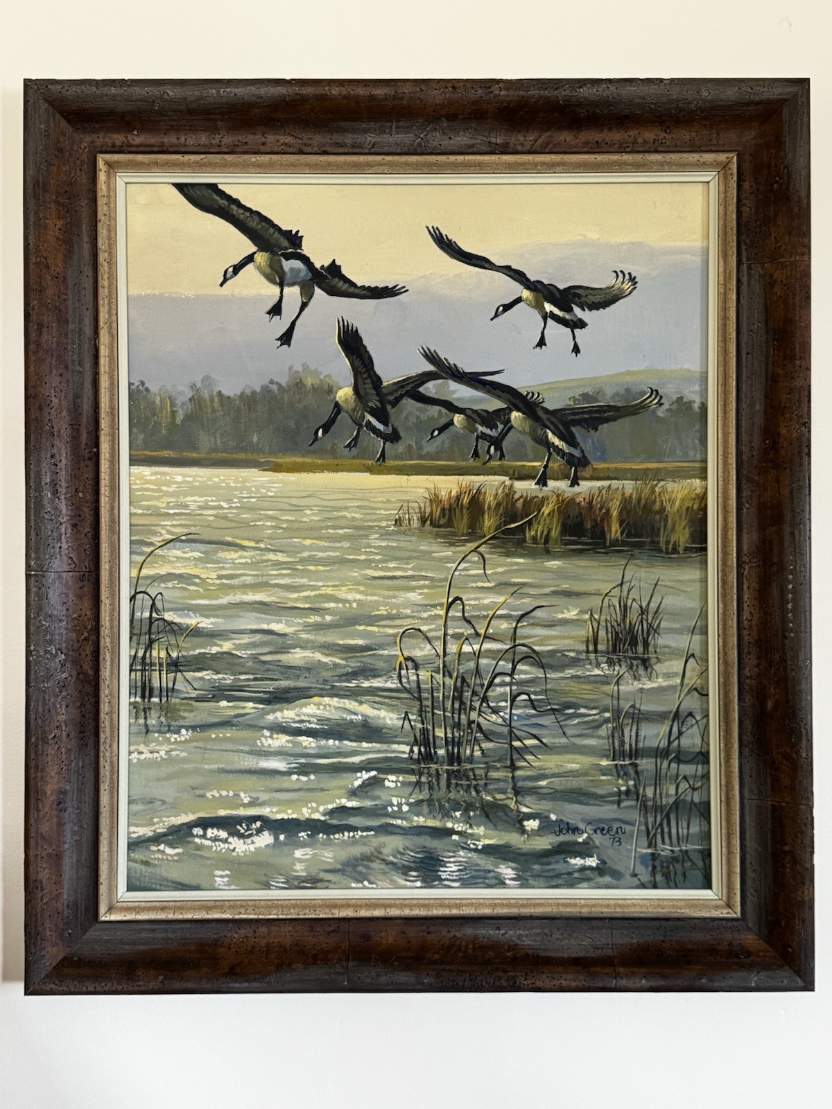 John C Green 1973 Oil on Canvas Waterfowl Wildlife Canadian Geese Painting