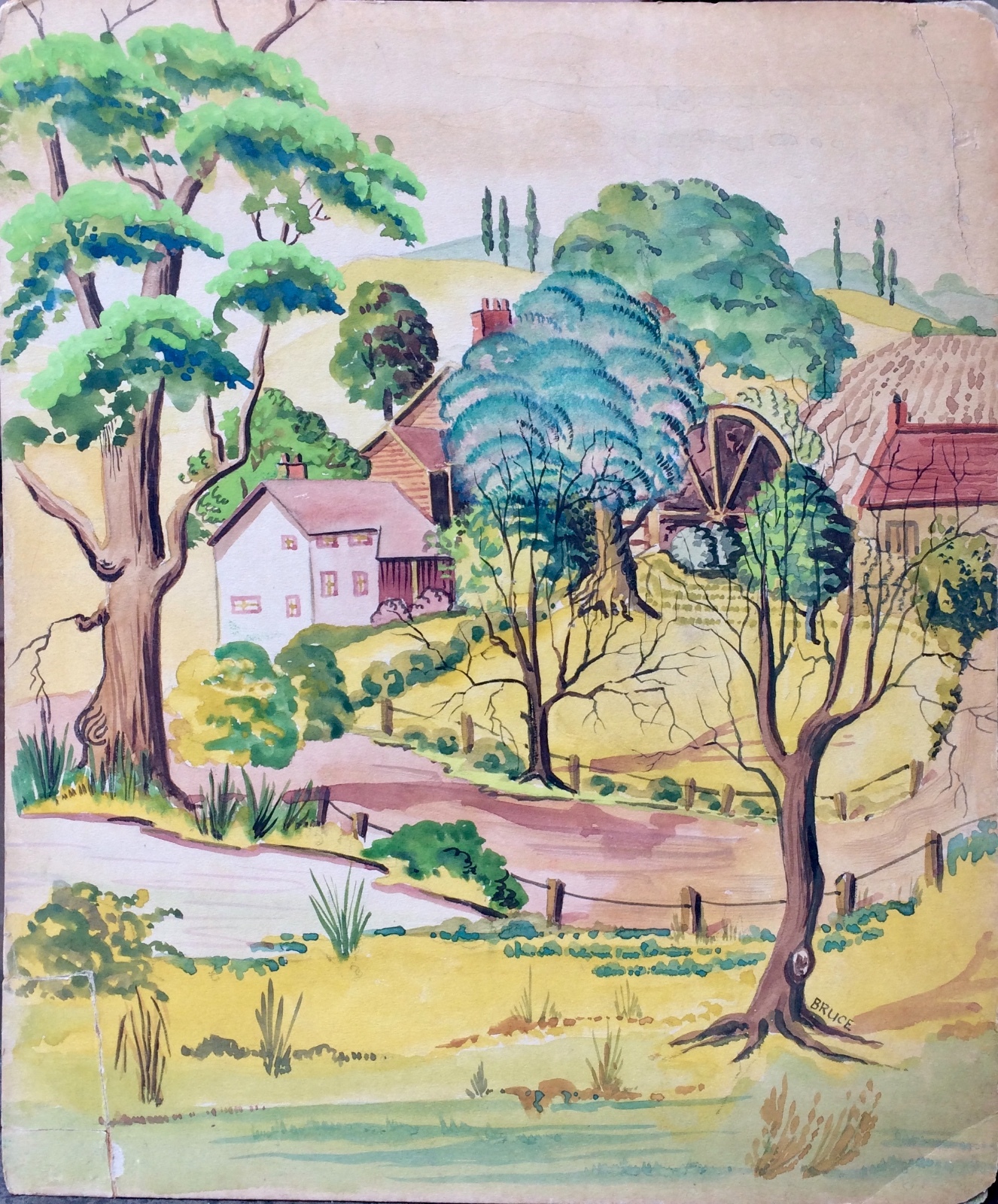 RARE: Edward Bruce (1879-1943); Original Modernist Watercolor Landscape, c 1925