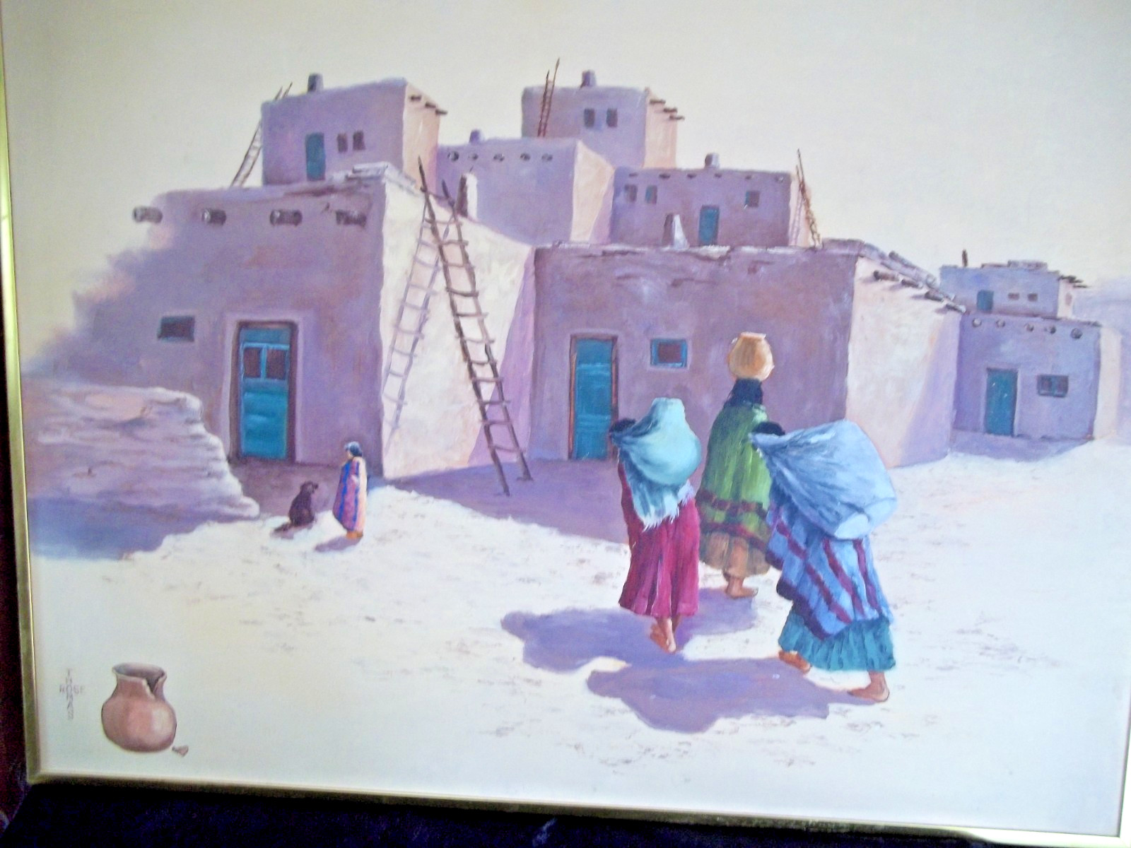 Original Vintage Oil Painting New Mexico? Pueblo Town Californian Rose Thomas