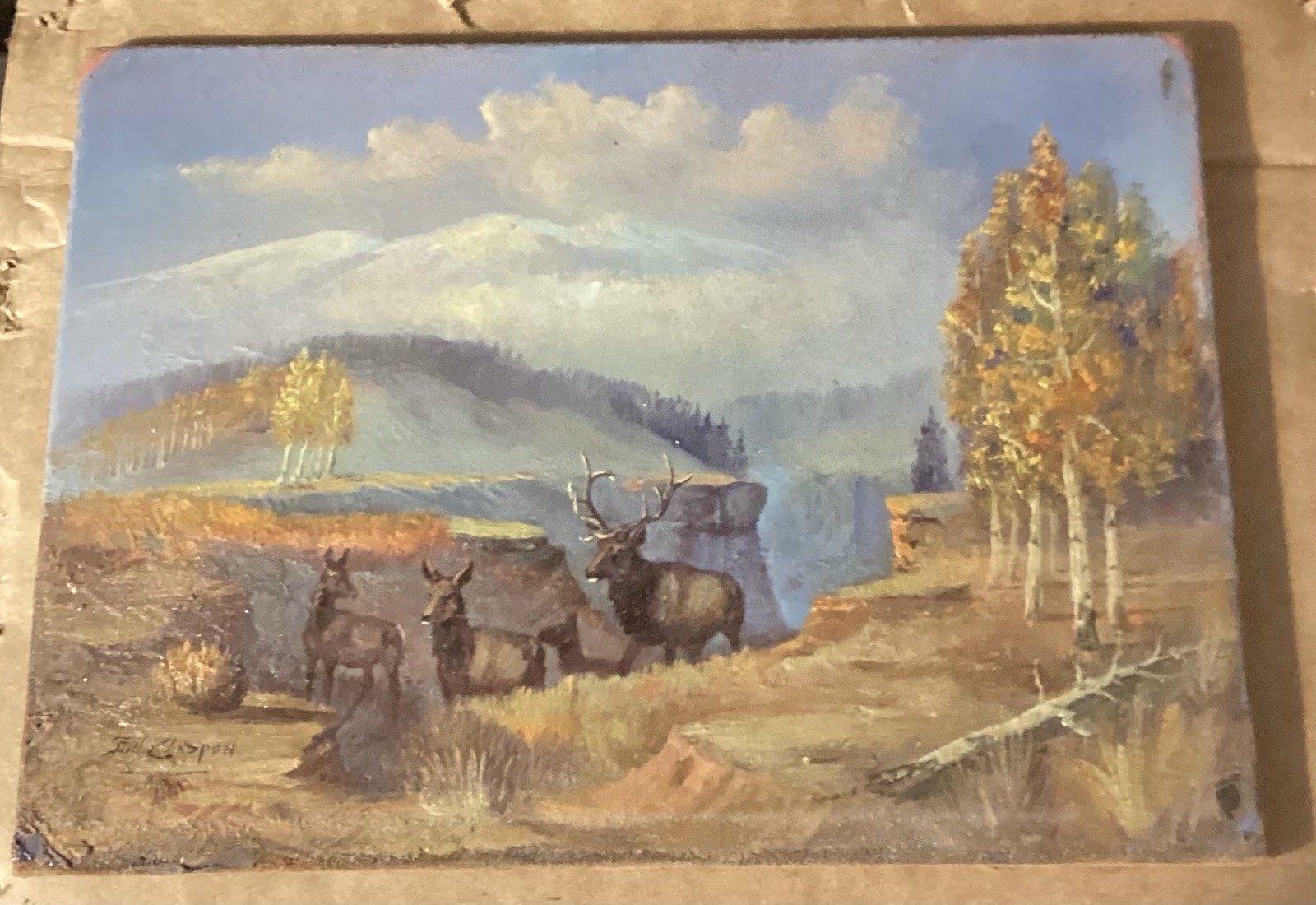 VINTAGE BILL CHAPPELL OIL ON BOARD OIL PAINTING ( 1919-2010 ). Colorado Elk Trio