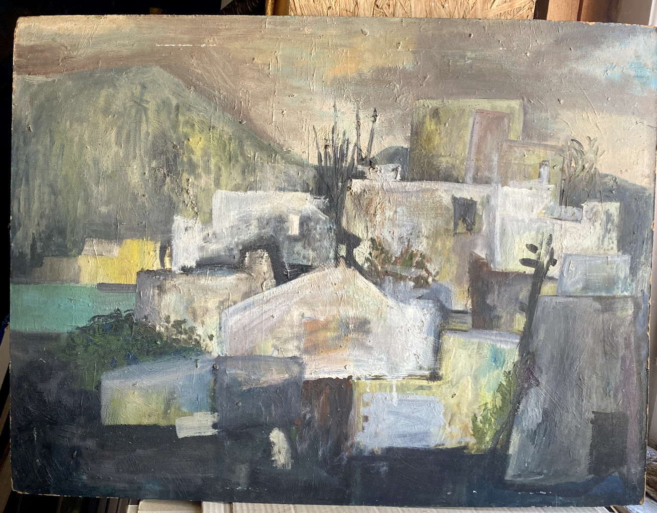Oil painting Abstract Composition Houses Oasis Orientalist Palms East Antique