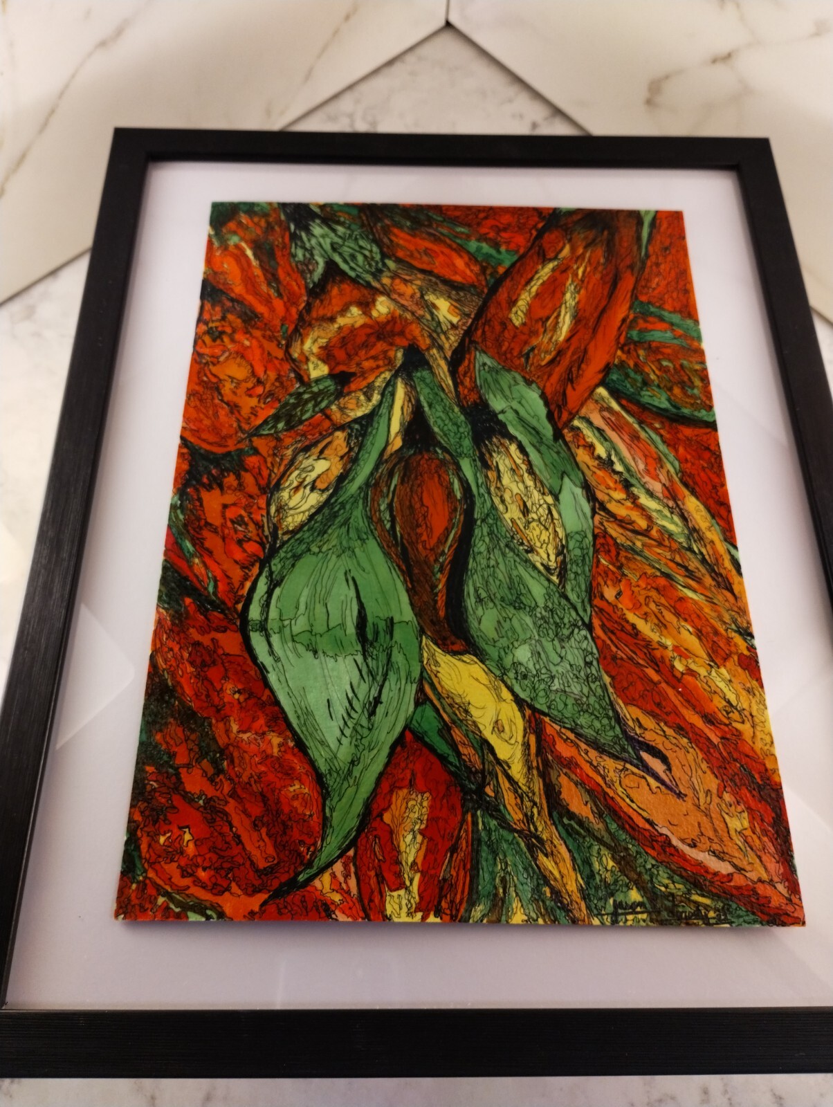 Framed Original Signed Acrylic Modern Painting Heavy Paper Bold Floral Red Green