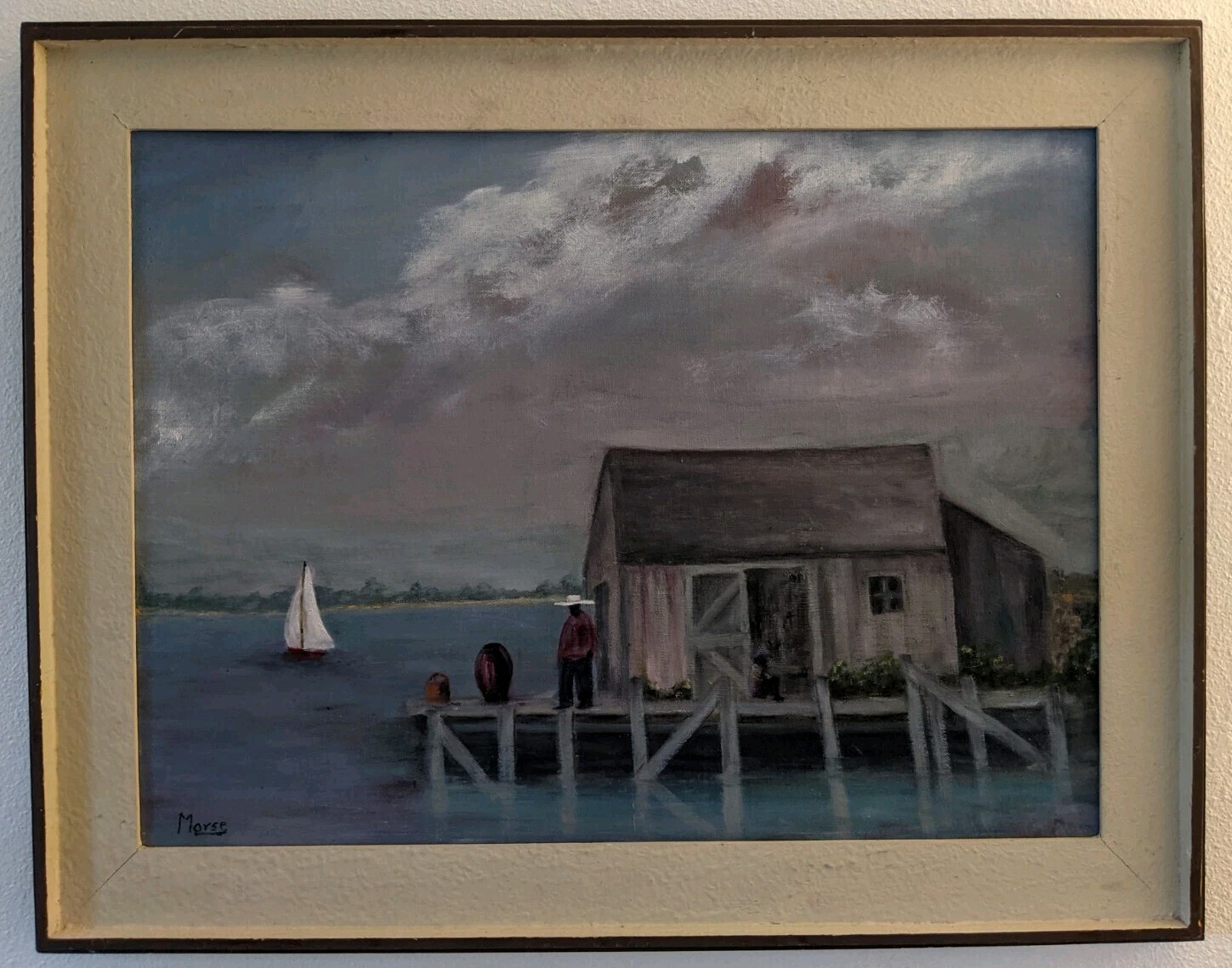 VTG Oil Painting Landscape Waterscape Boat Dock African American Folk Art FL