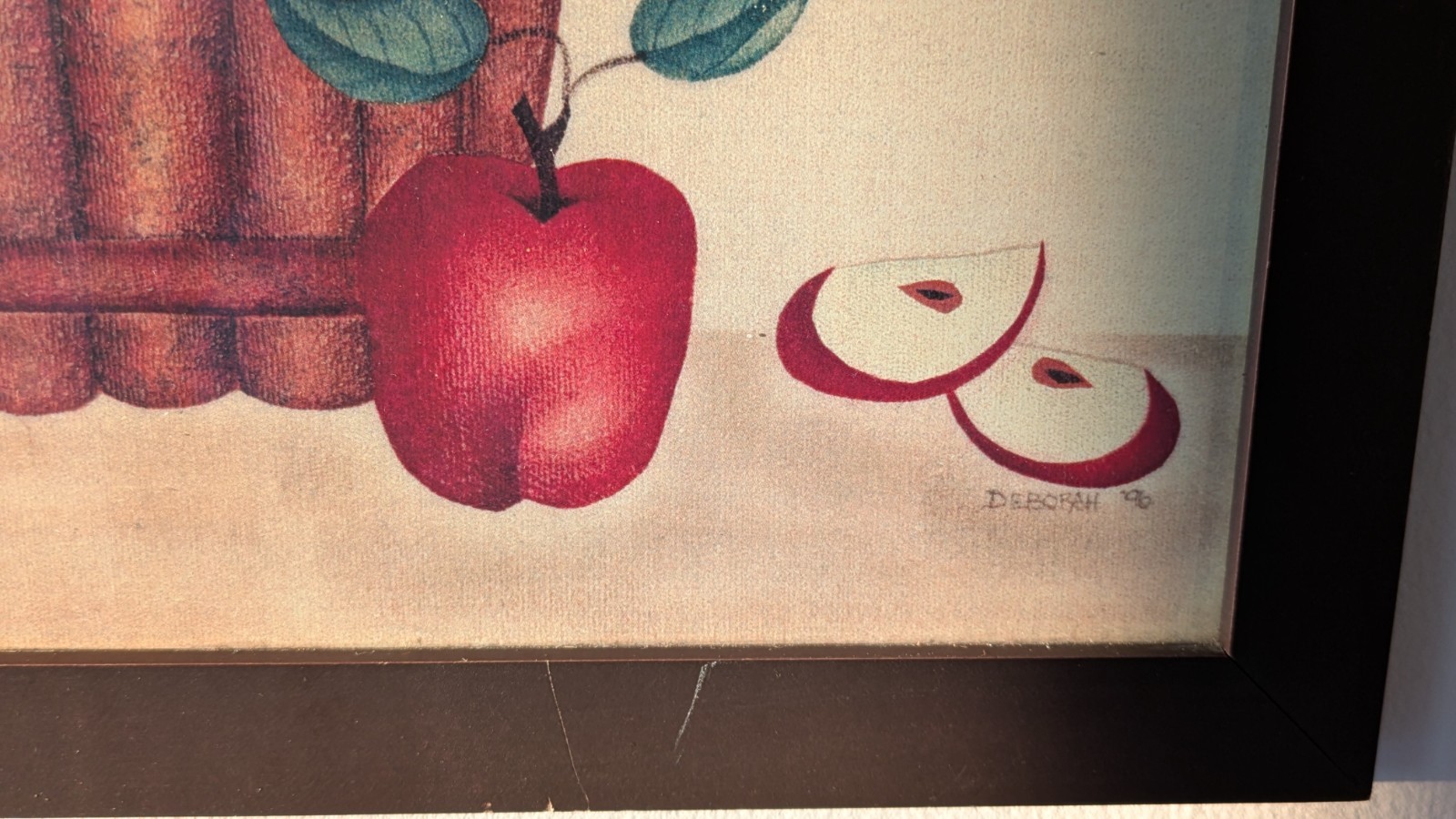 Vtg Theorem Painting Signed DEBORAH 96′ Apples In Basket Framed 9.5″x11.5″ VGC