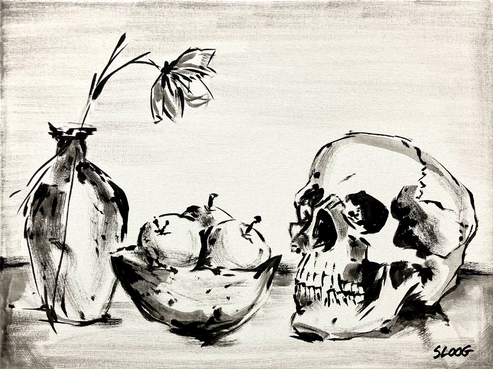 SLOOG Original Art Monochromatic Modern Acrylic Painting on Canvas 12×16 Skull