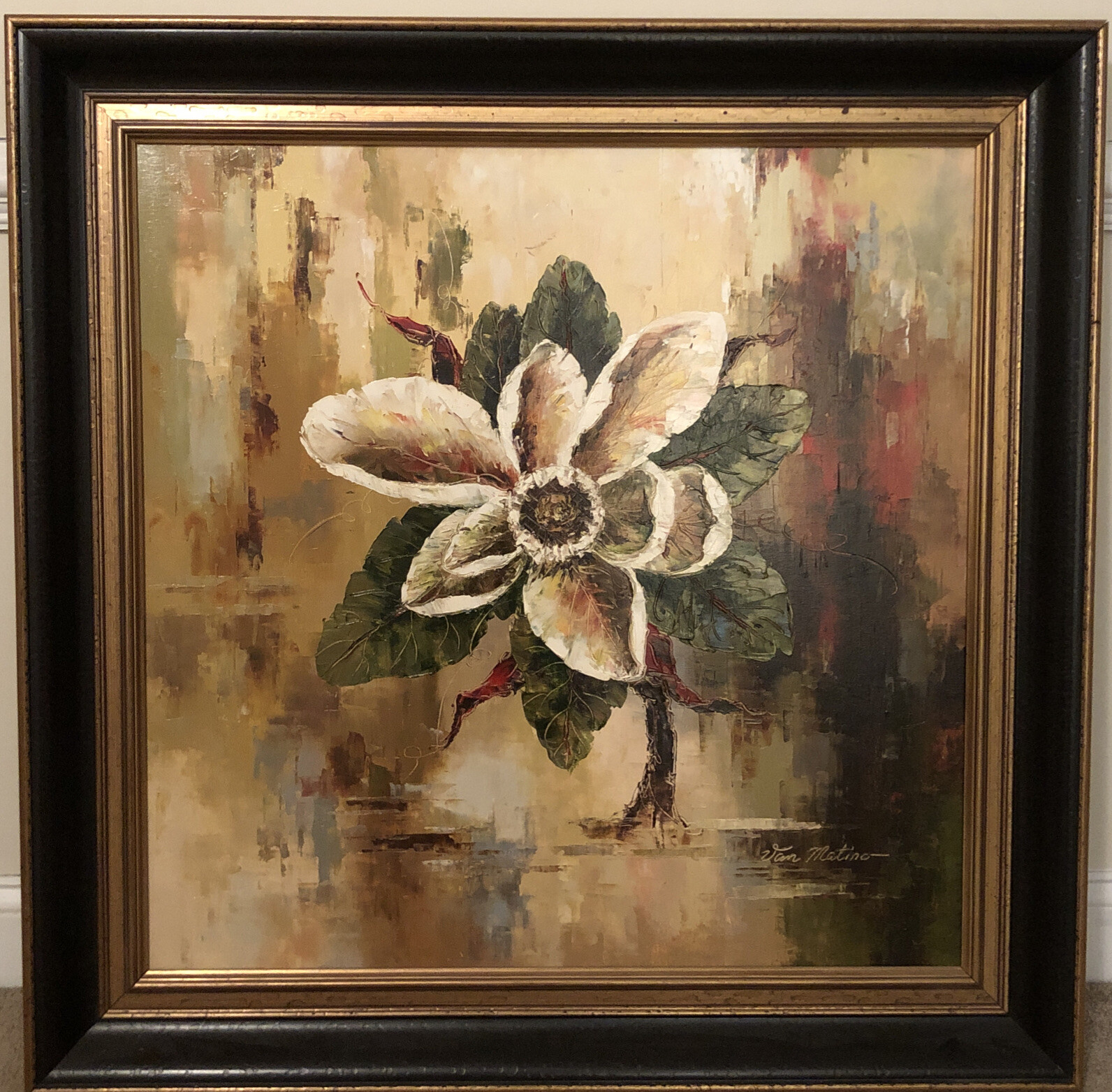 Signed VAN MATINO Still Life Flower Original Oil Canvas Painting Framed 37″x37″