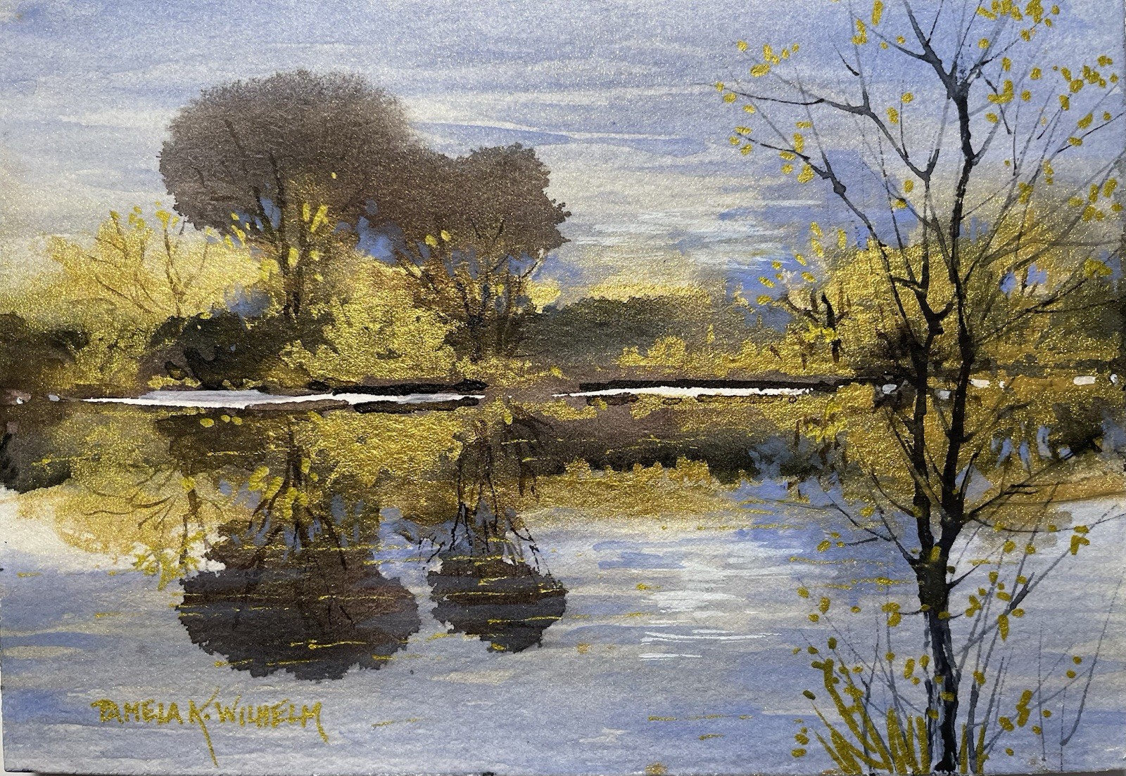 Original Pamela Wilhelm 5”x7” Watercolor Ink Gold Paint Water Landscape Trees