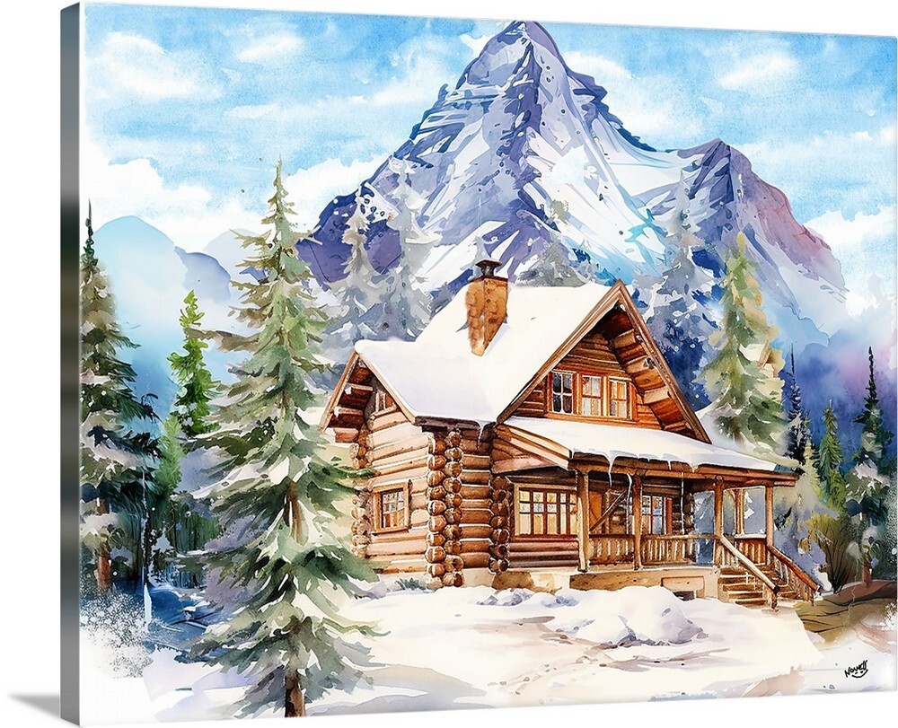 Cabin Winter Snow Painting Landscape Mountains Canvas Wrap 16 x 20 Christmas art