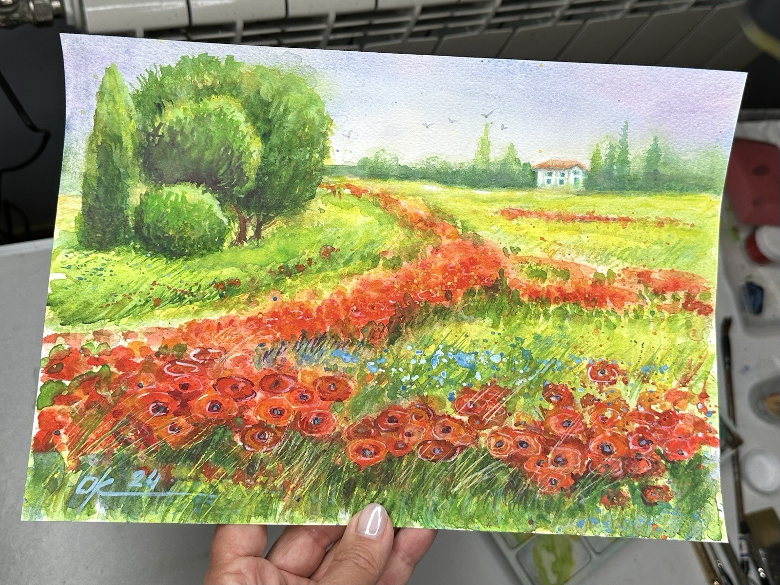 Original Watercolor Painting Landscape poppy field Provence farm red flowers A4