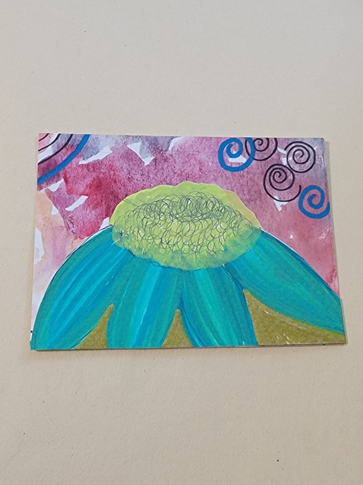 ACEO Original Green/Blue Flower Mixed Media Red Abstract Background, W/Markings