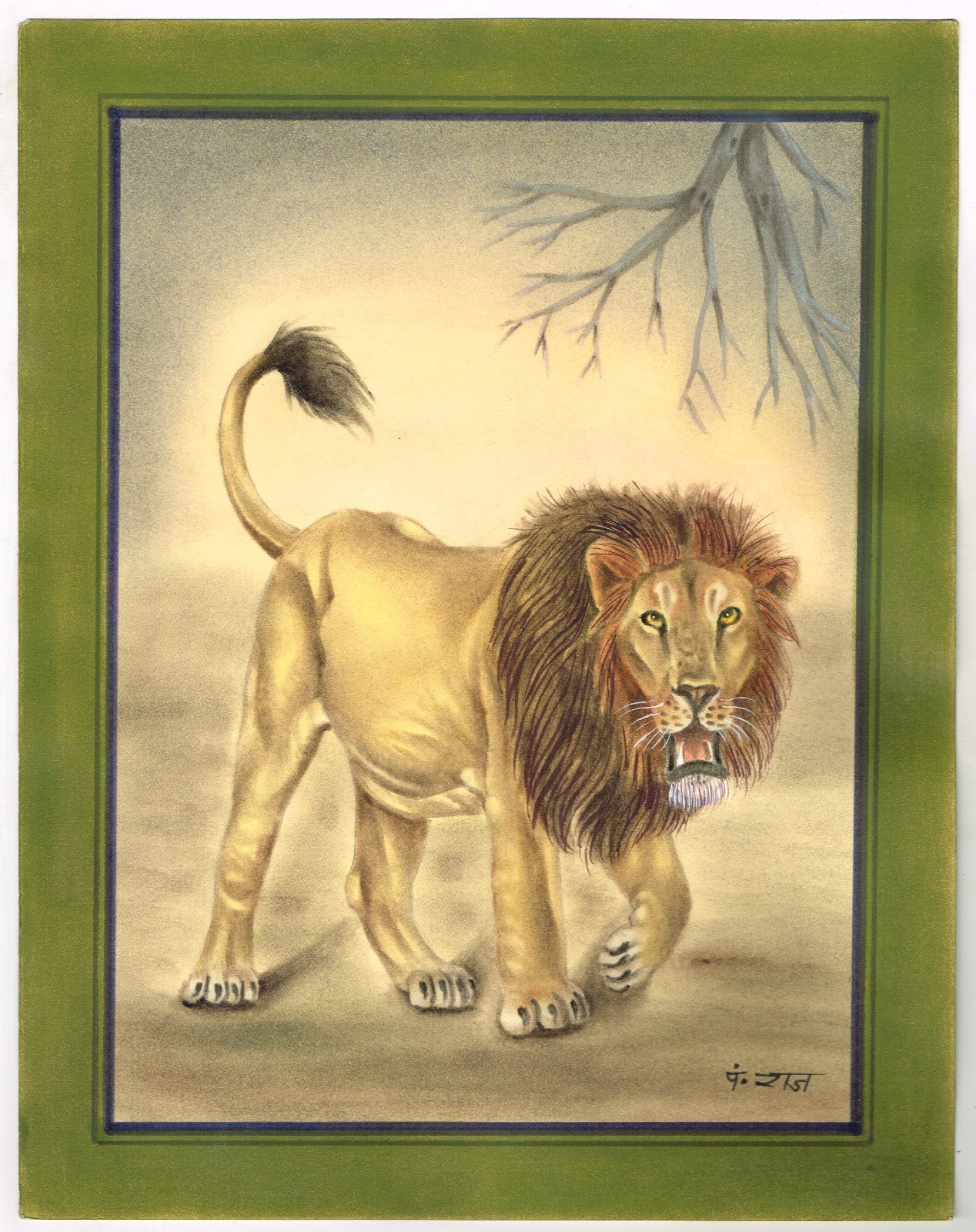 Animal Miniature Painting Of Lion Handmade Vintage Art On Paper 10.5×13.5 Inches