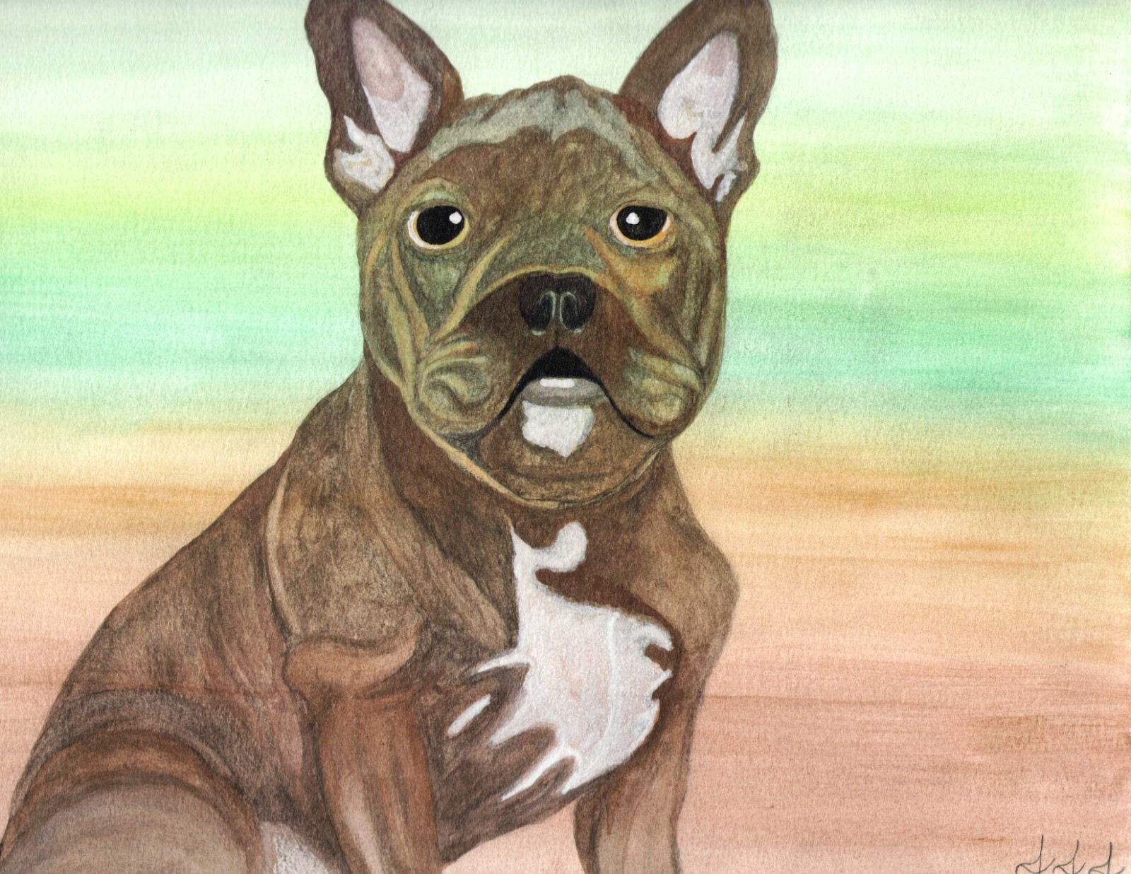 Frenchie, an original 12′ x 9″ watercolor painting by inmate artist 444