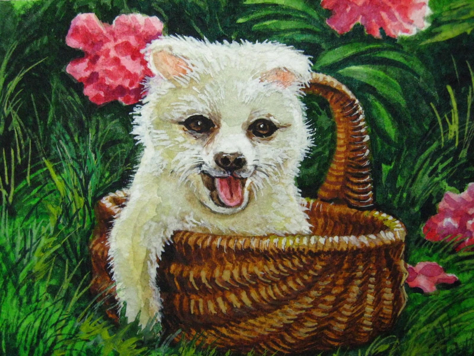 Watercolor Painting Puppy Dog Home Pet Wicker Basket Flowers Nature ACEO Art
