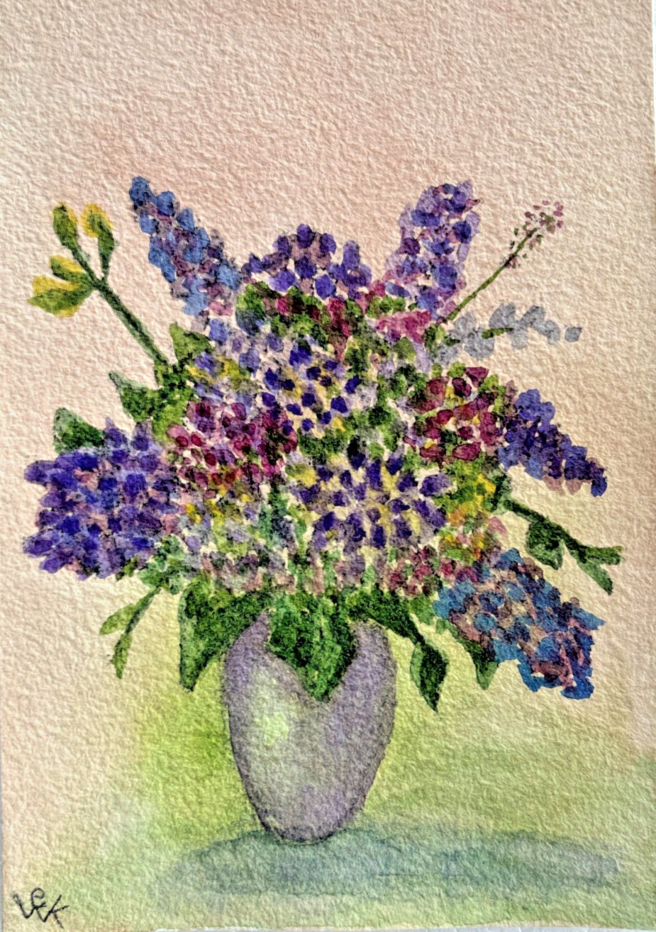 Original Watercolor Painting Flower Bouquet Lilacs Vase Still Life Signed 5×7