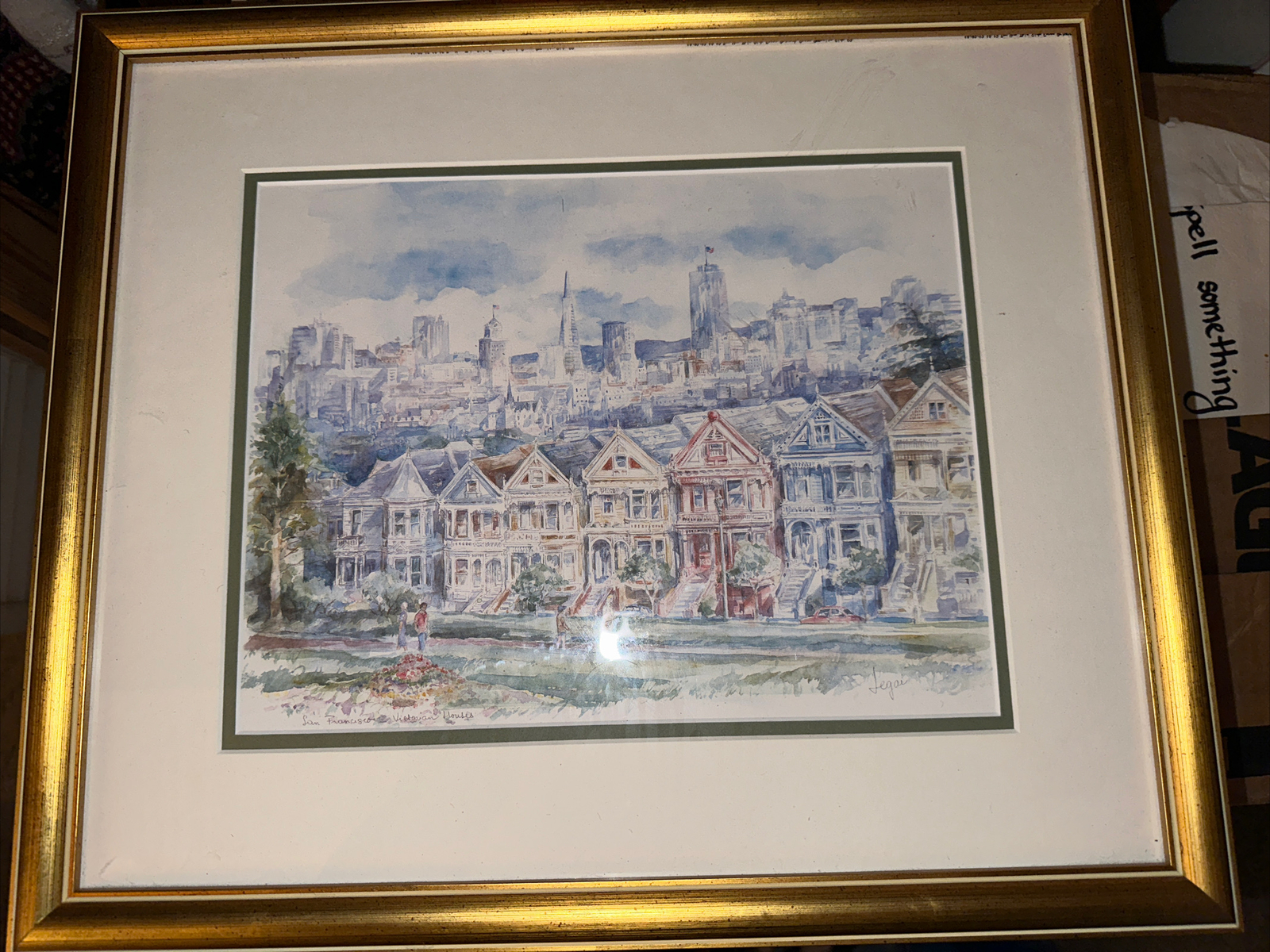 Gold Wood Framed Watercolor Print of San Francisco Victorian Houses By Jegai
