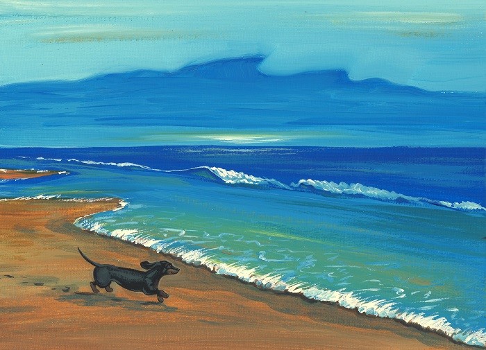 ACEO PRINT OF PAINTING RYTA DACHSHUND DOG AT THE BEACH SEASCAPE SUNSET Folk Art