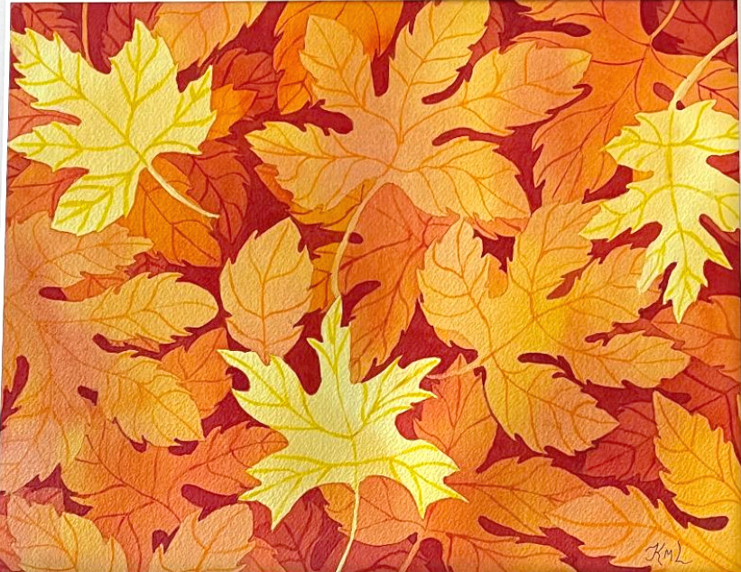 PAINTING WATERCOLOR ART LEAVES FALL ORANGE YELLOW 11X14 & DOUBLE WHITE MAT 16X20