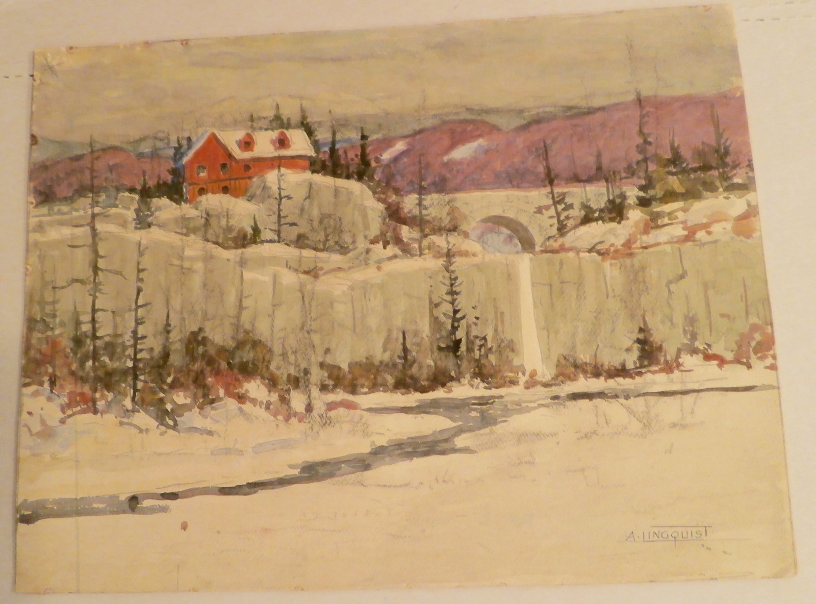 House,Bridge & Waterfall in Snow, Vermont-W/C Painting-1930s-Arthur Lingquist