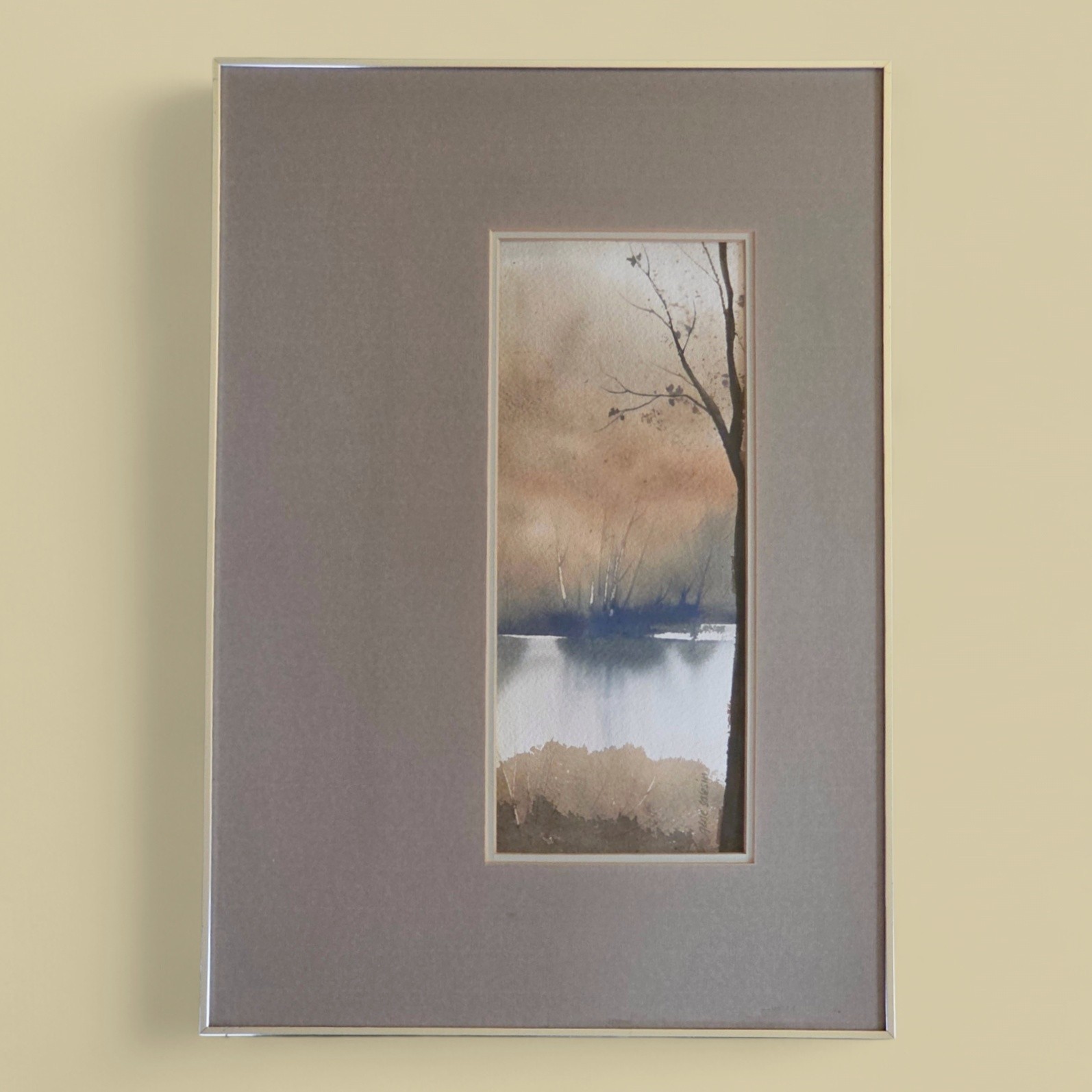 Vtg Signed Minimalist Watercolor Birch Trees Landscape Framed Art Japandi Decor