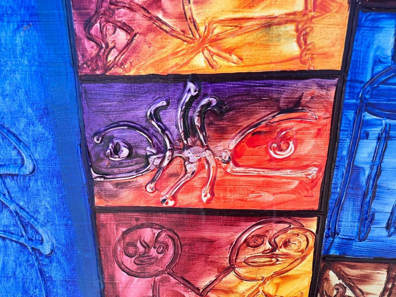 Original Coloful Mosaic Mixed Media Art Acrylic or Oil Painting Signed Rosena