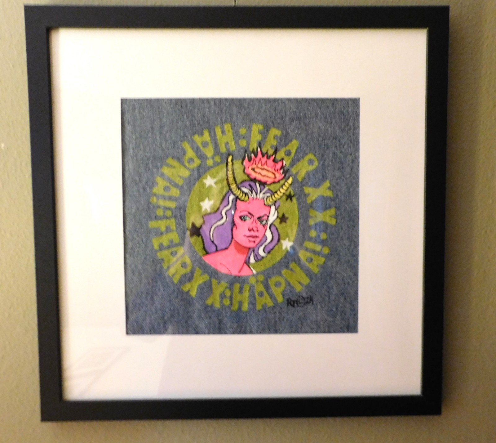Set of 4 Satyrs on Hand Pulled Serigraphs on Denim original art in center signed