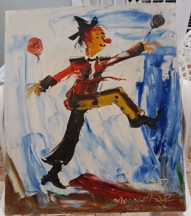 Morris Katz Original Oil Painting Signed 1977 Clown happy jumping balloon
