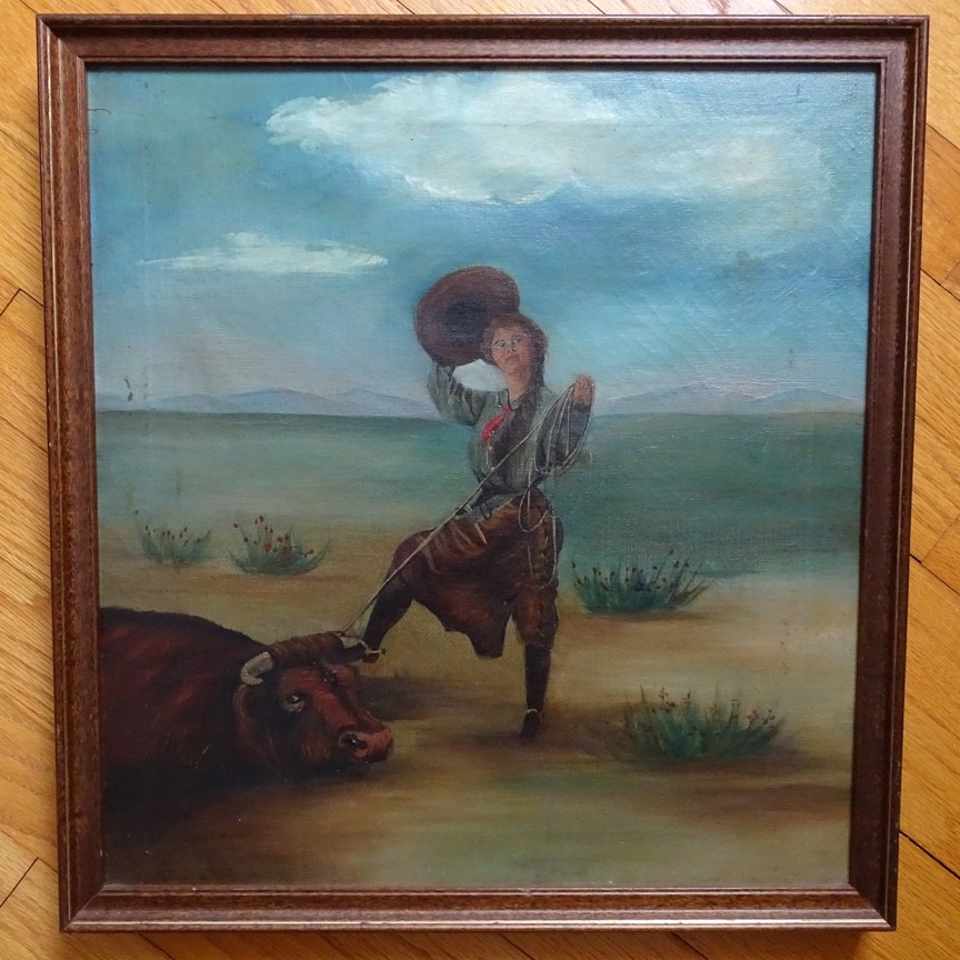 Antique Original Oil Painting on Canvas COWGIRL Roping A Bull Framed 17×16 in