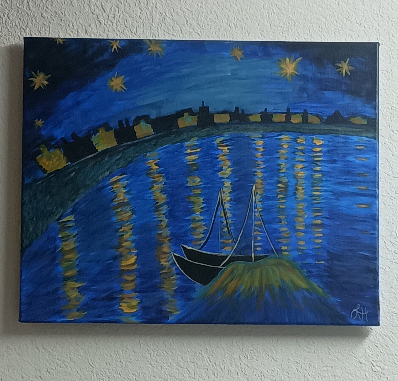 Signed Modern Night Seascape Cityscape Boat Painting on Canvas, Unframed