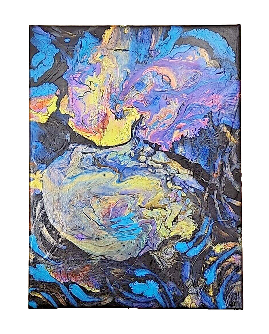 Acrylic Pour Painting Abstract Black Orange Blue Purple 9×12 Unframed OOAK Gift