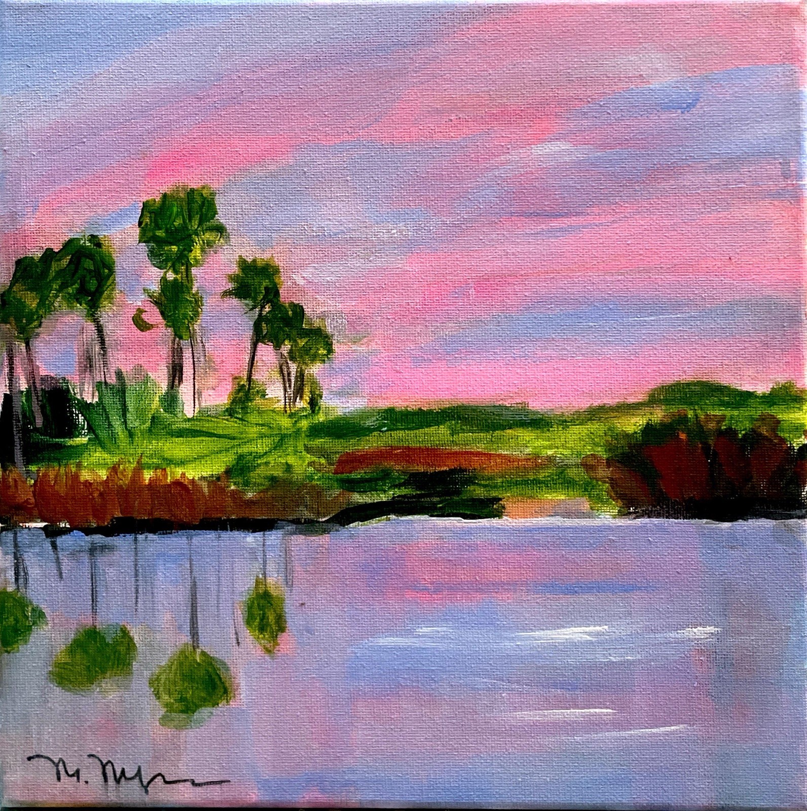 Mary Myers Original Abstract Expressionism 10×10 Pink Sunset Palms Reflection