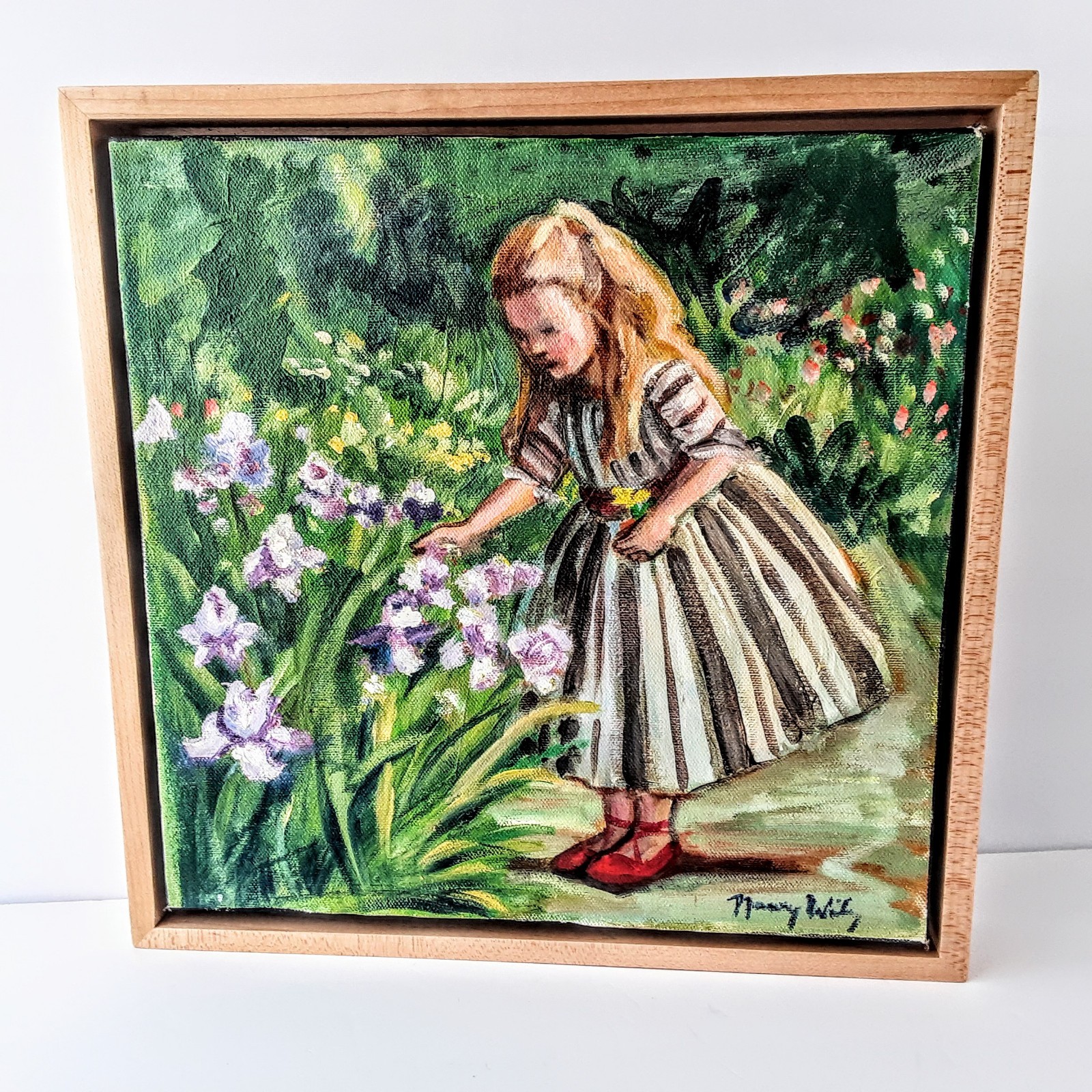 Original Oil Painting On Canvas Girl In Garden 12×12 Floating Wood Frame Signed