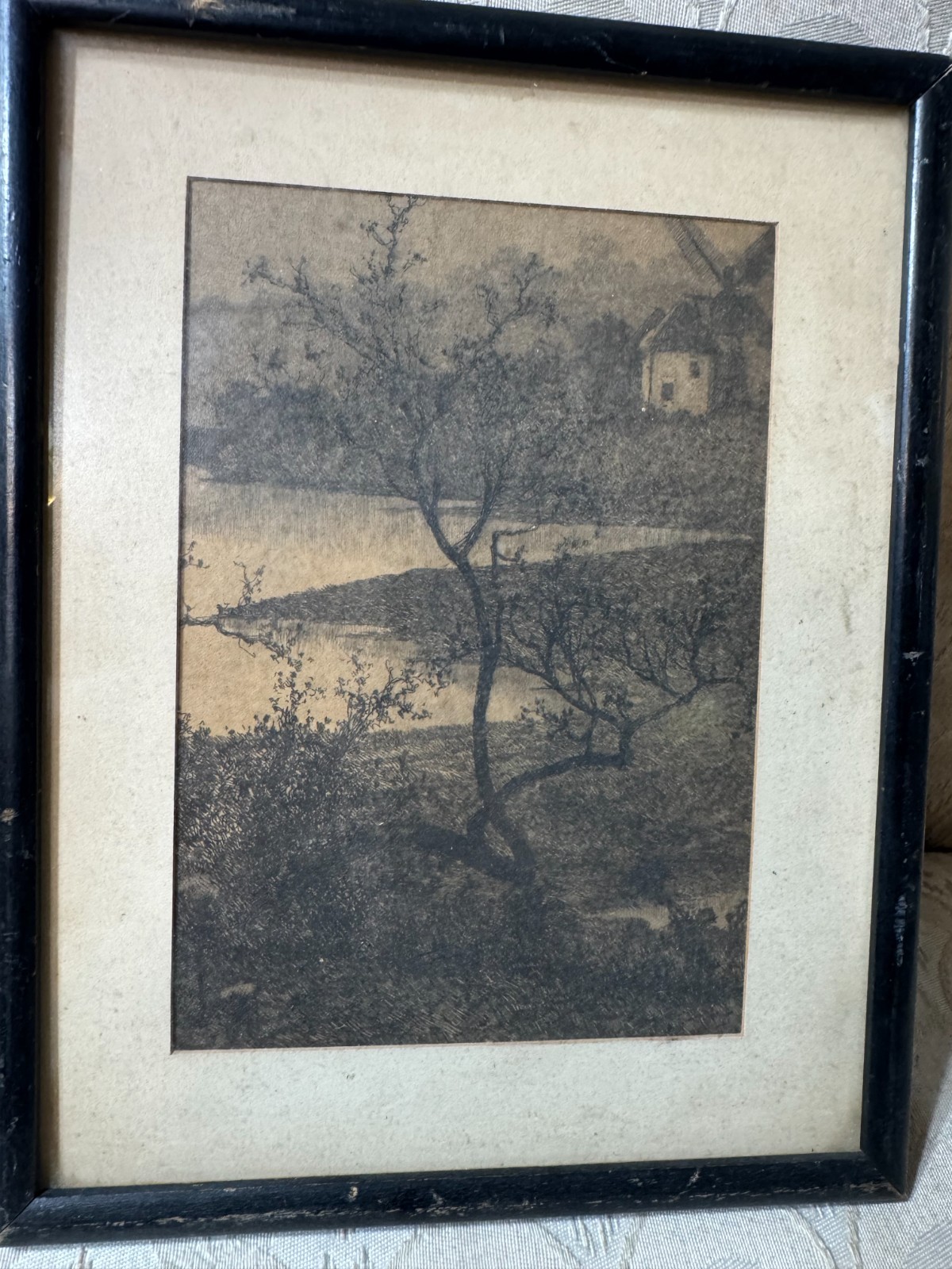 Vintage Framed Original Monochrome Landscape Drawing Trees Lake Cottage Scene
