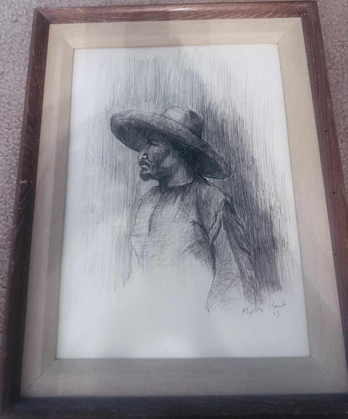 Vintage Charcoal Drawing of Man on A Frame Signed By Artist Year 63. 14×18 Frame
