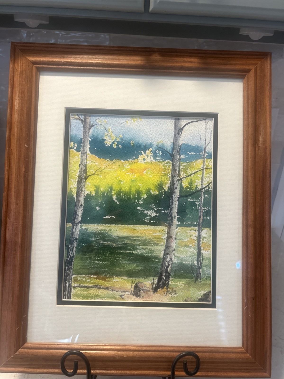 Vintage Original Watercolor Birch Aspen Trees Wooden Frame w/Glass Signed