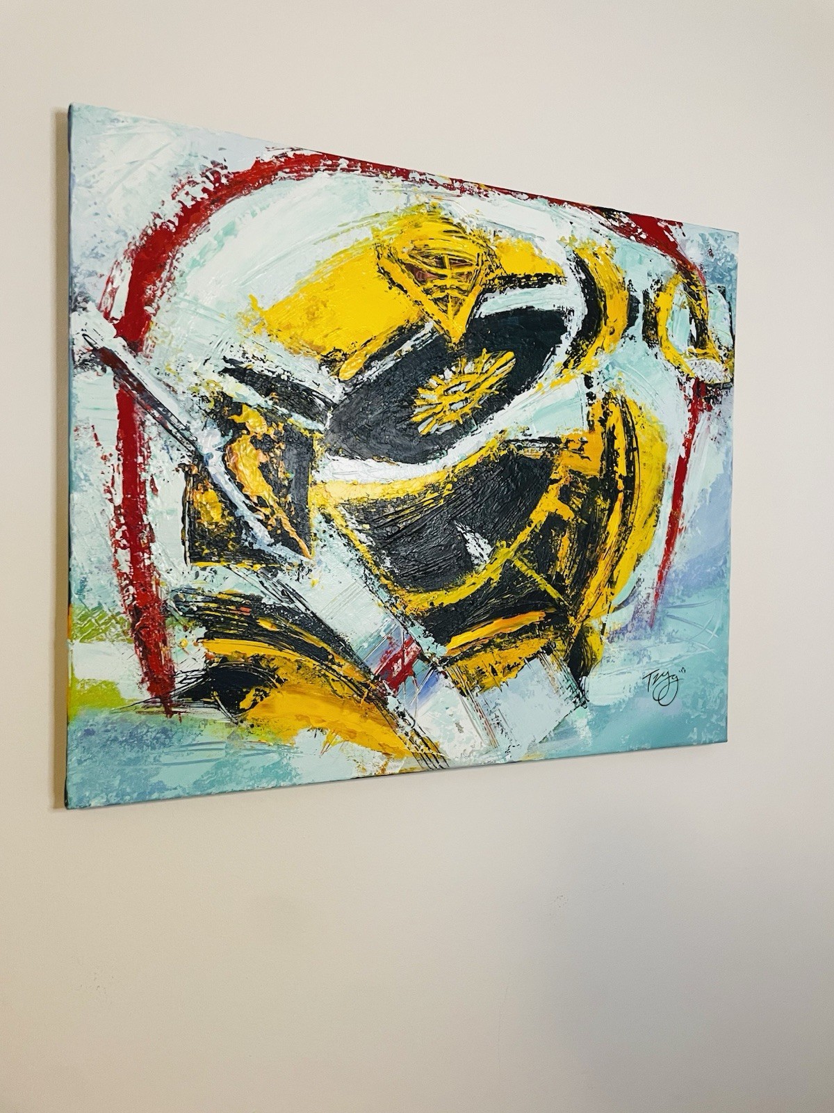 Original Acrylic Painting Of Hockey Goaltender In Black And Yellow Boston