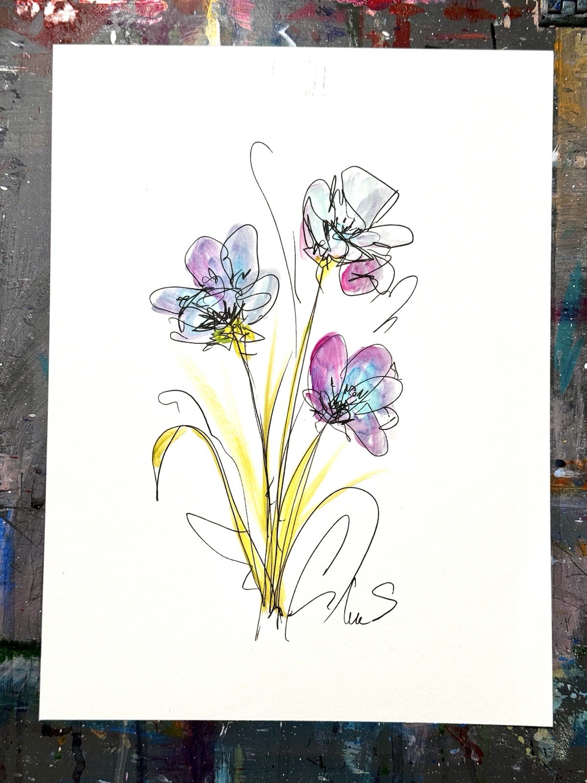 Original Abstract Expressionism 9X12 Purple Flower Paper Ink Handmade Signed 13