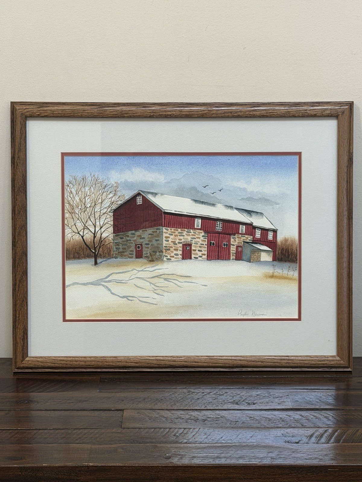 Original Watercolor Painting Phyllis Newman Red Barn Winter Landscape Framed Ar
