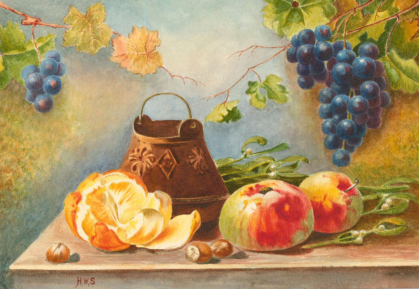 H.W.S – Early 20th Century Watercolour, Still Life with Copper Coal Bucket