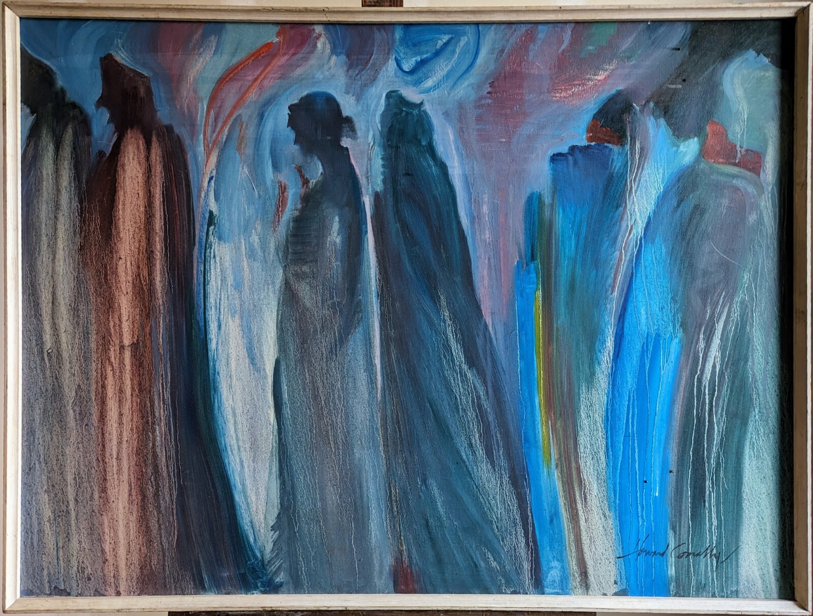 Large 4′ midcentury abstract surrealist Howard Connolly painting blue figures